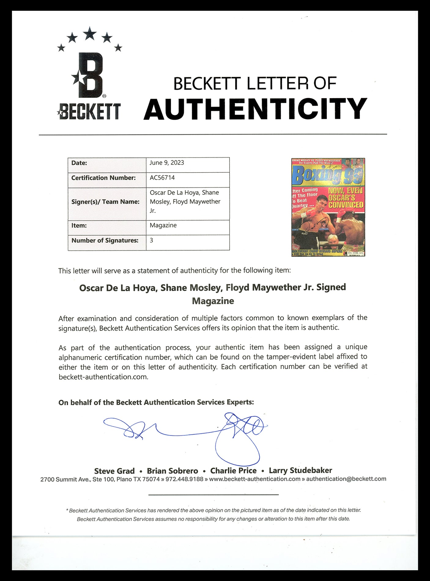 Floyd Mayweather Jr., Oscar De La Hoya & "Sugar" Shane Mosley Autographed Boxing 99 Magazine Beckett BAS #AC56714