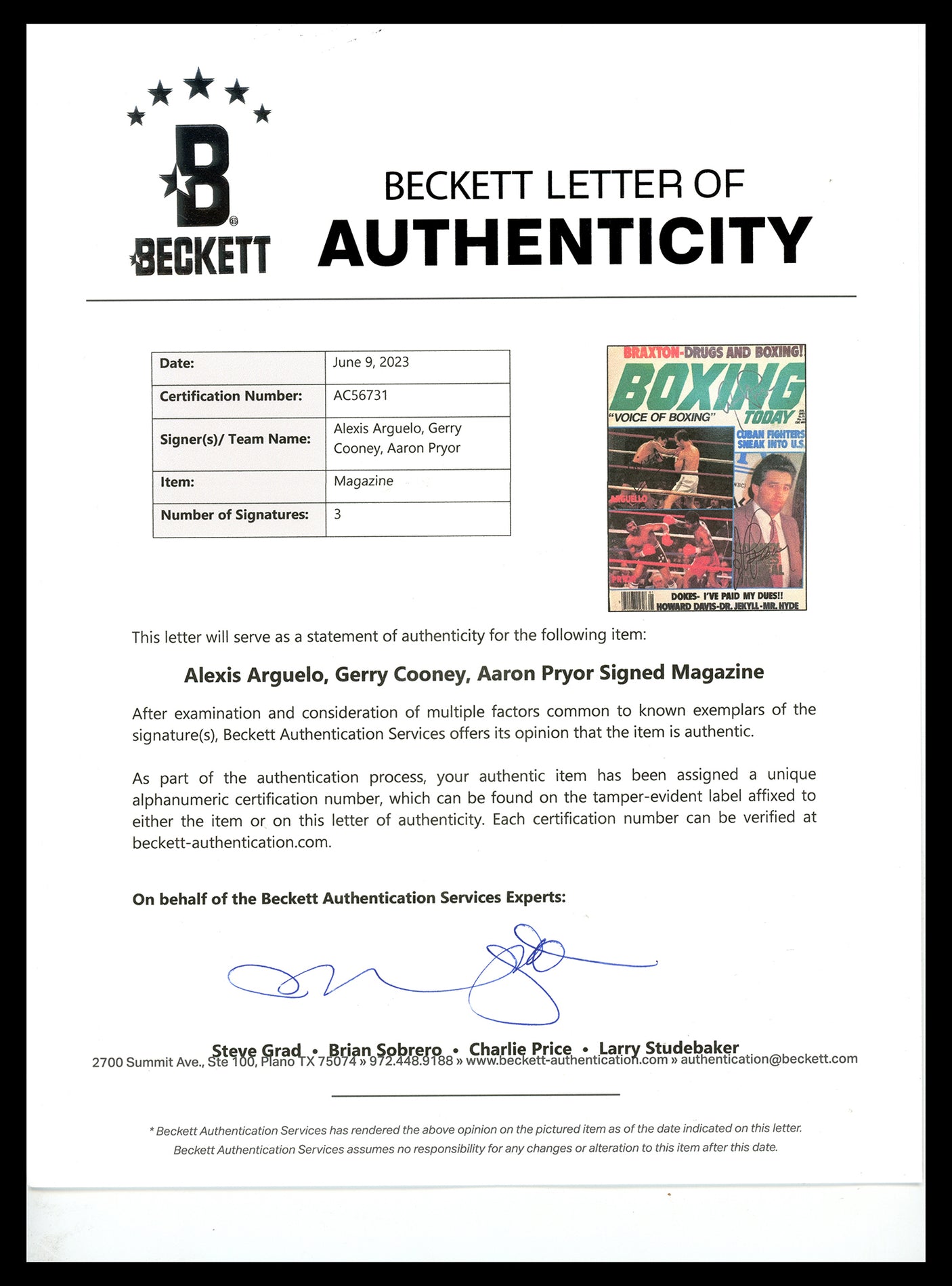 Alexis Arguello, Aaron Pryor & Gerry Cooney Autographed Boxing Today Magazine Beckett BAS #AC56731