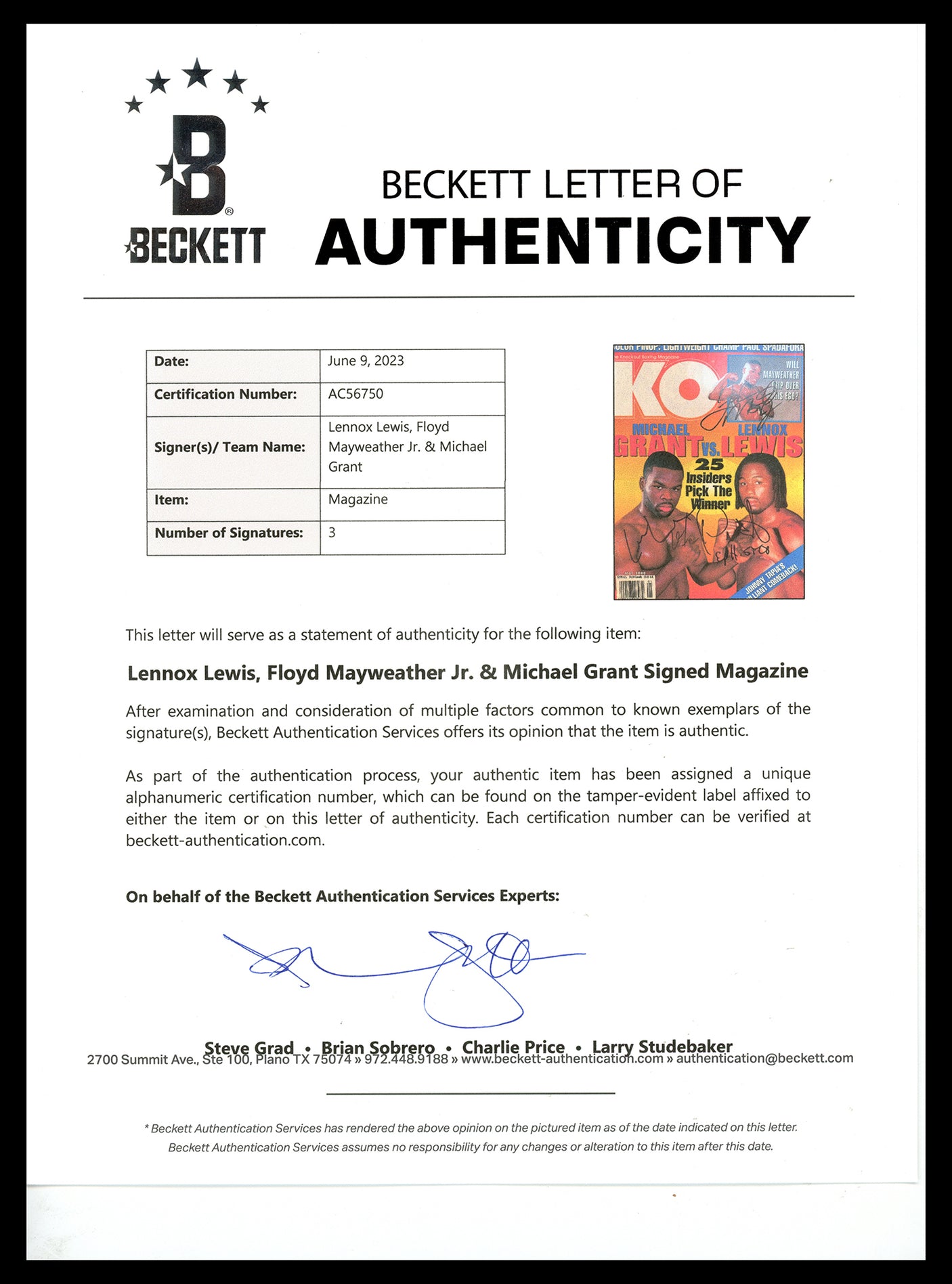 Floyd Mayweather Jr., Lennox Lewis & Michael Grant Autographed KO Magazine (Smudged) Beckett BAS #AC56750