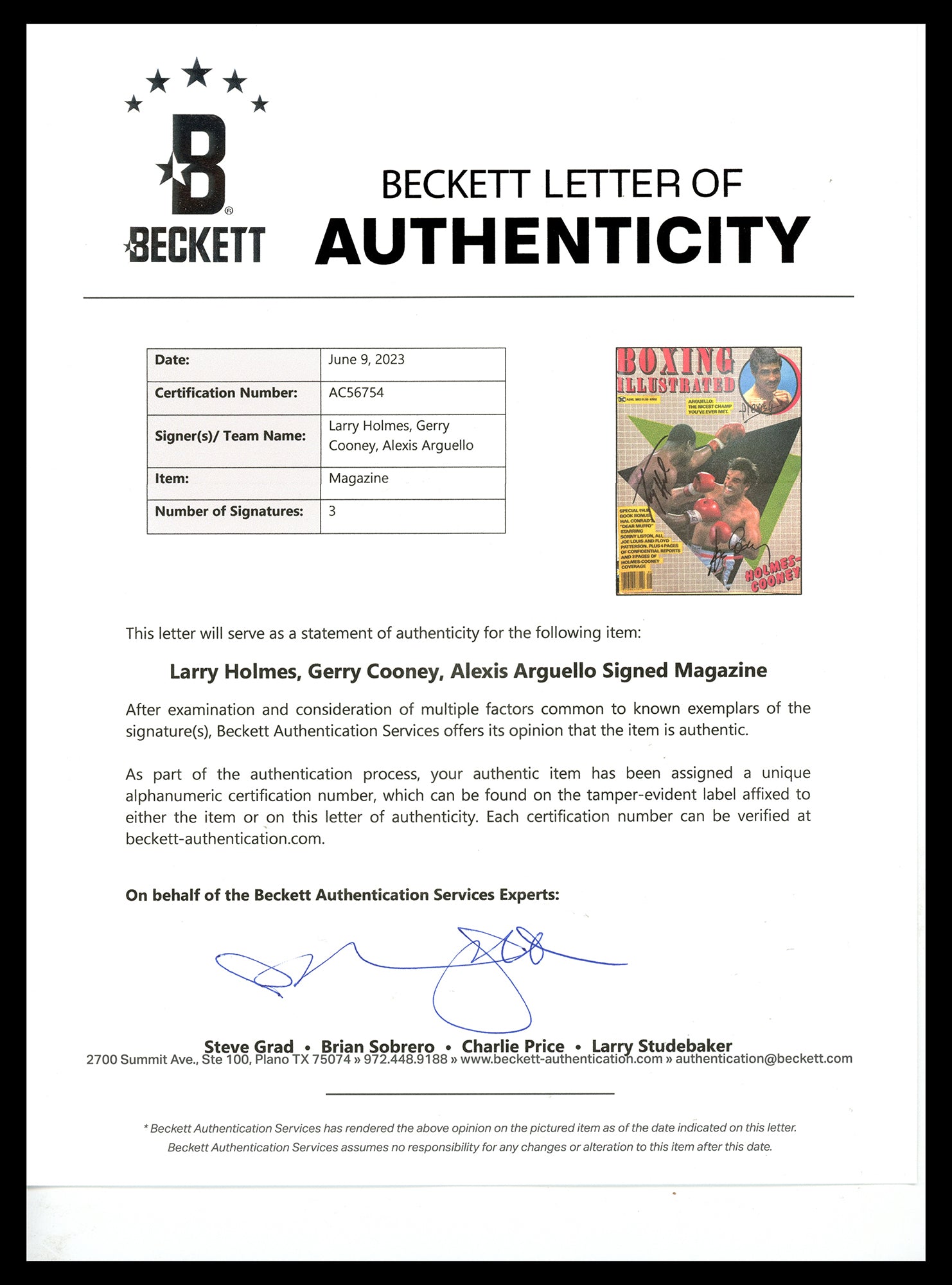 Alexis Arguello, Larry Holmes & Gerry Cooney Autographed Boxing Illustrated Magazine Beckett BAS #AC56754