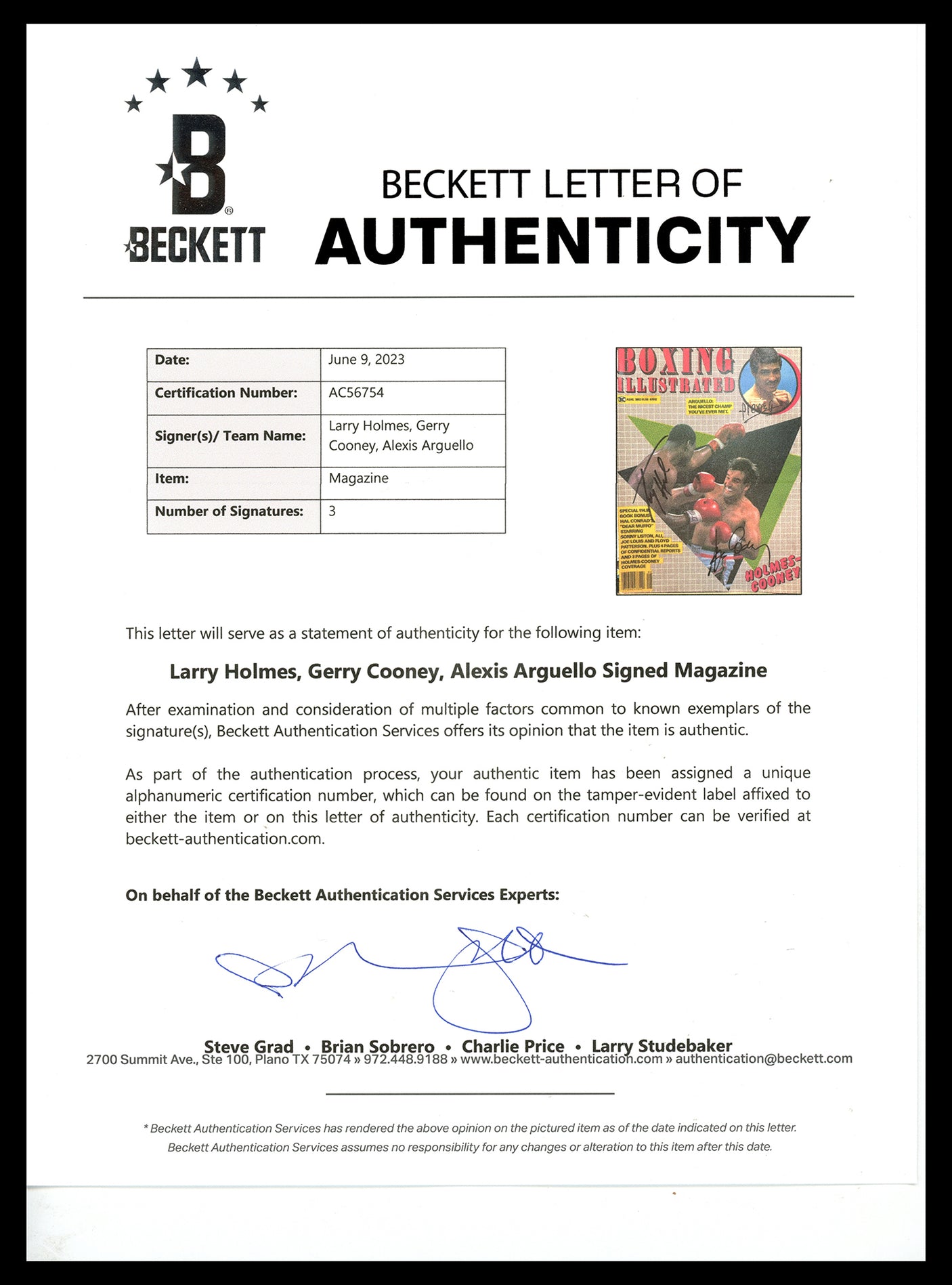 Alexis Arguello, Larry Holmes & Gerry Cooney Autographed Boxing Illustrated Magazine Beckett BAS #AC56754