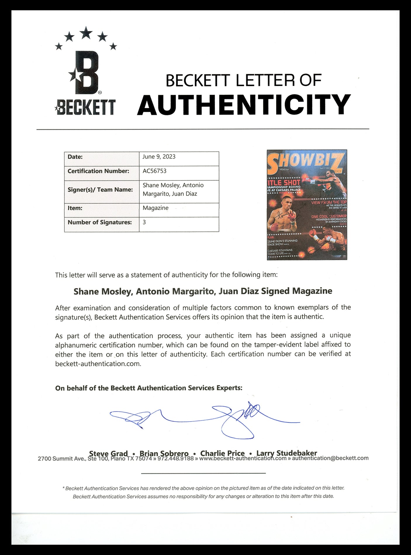Antonio Margarito, "Sugar" Shane Mosley & Juan Diaz Autographed Showbiz Magazine Beckett BAS #AC56753