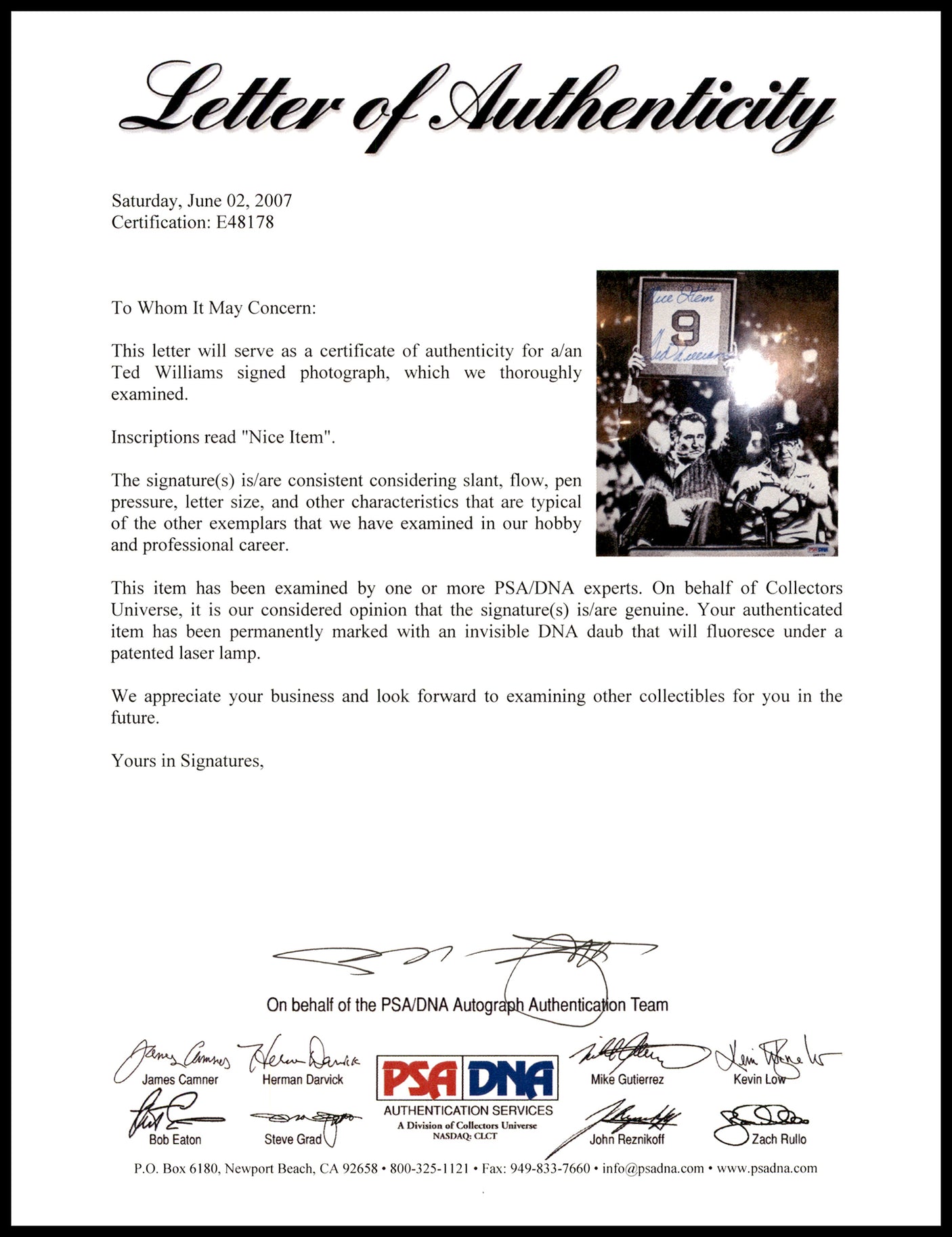 Ted Williams Autographed 5x7 Photo Boston Red Sox "Nice Item" Number Retired PSA/DNA #E48178