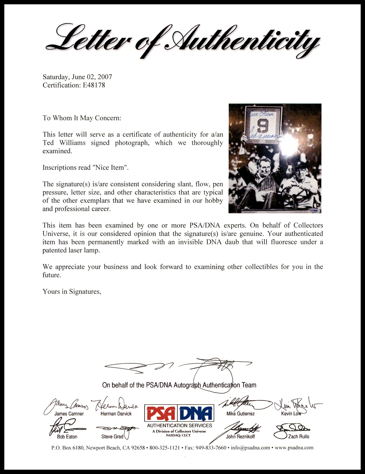 Ted Williams Autographed 5x7 Photo Boston Red Sox "Nice Item" Number Retired PSA/DNA #E48178