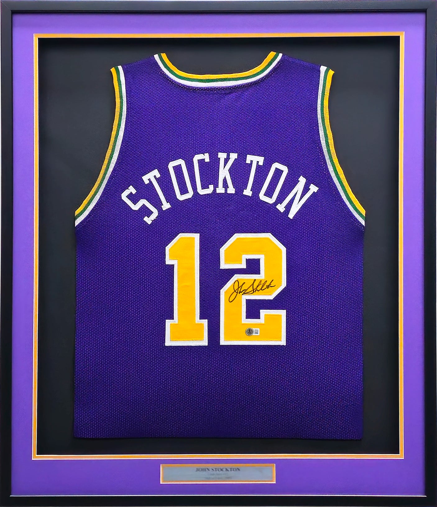 Utah Jazz John Stockton Autographed Framed Purple Jersey Beckett BAS Witness Stock #230204