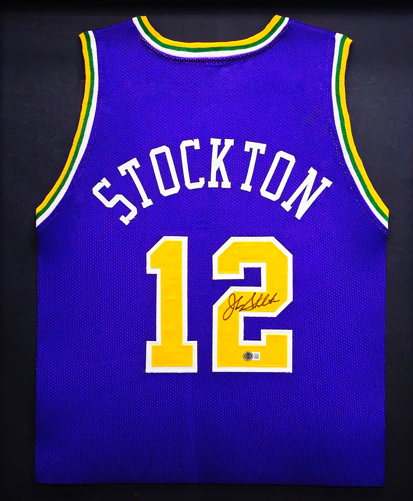 Utah Jazz John Stockton Autographed Framed Purple Jersey Beckett BAS Witness Stock #230204