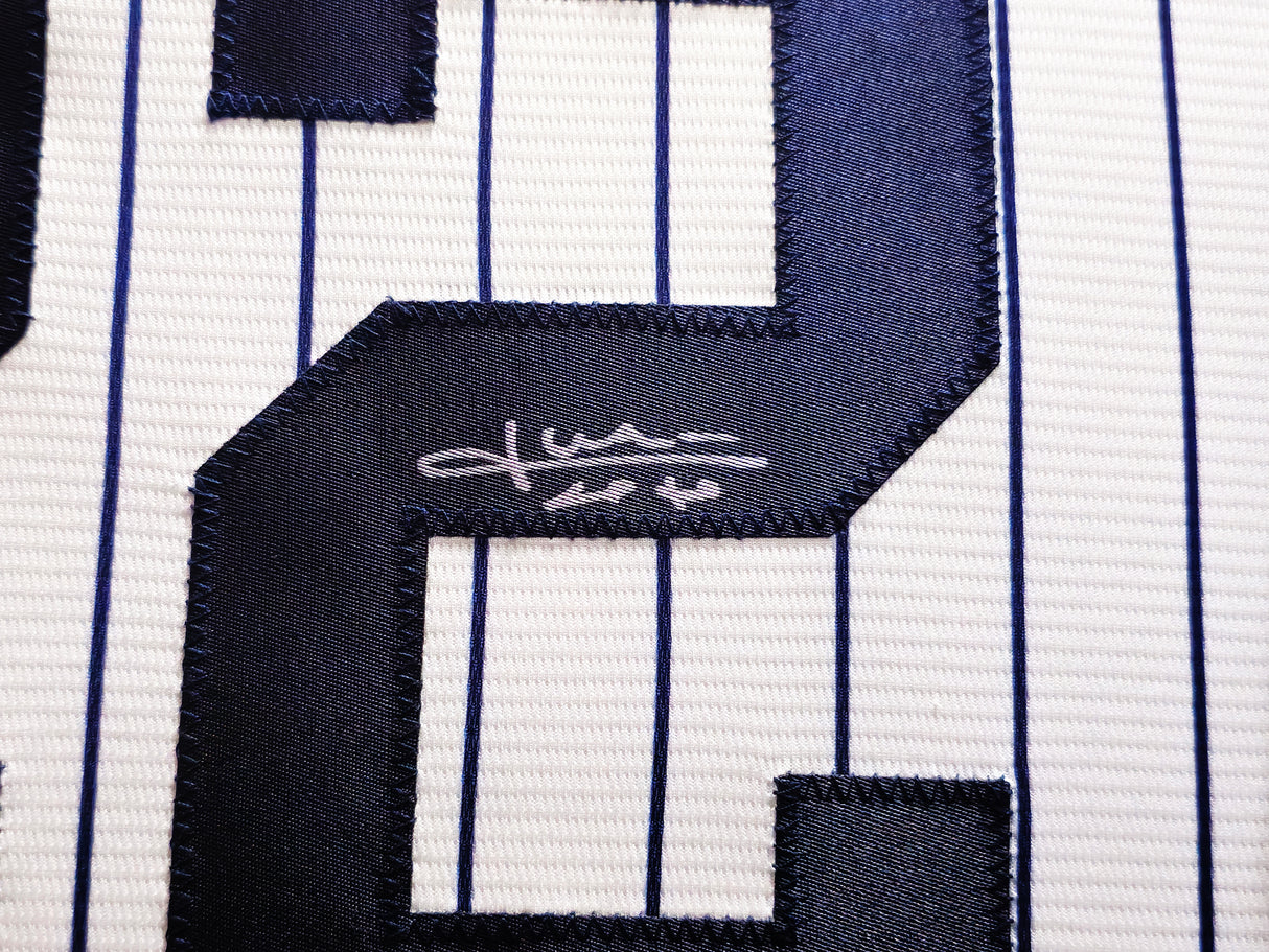 New York Yankees Juan Soto Autographed Framed White Pinstripes Nike Jersey Beckett BAS QR Stock #230201