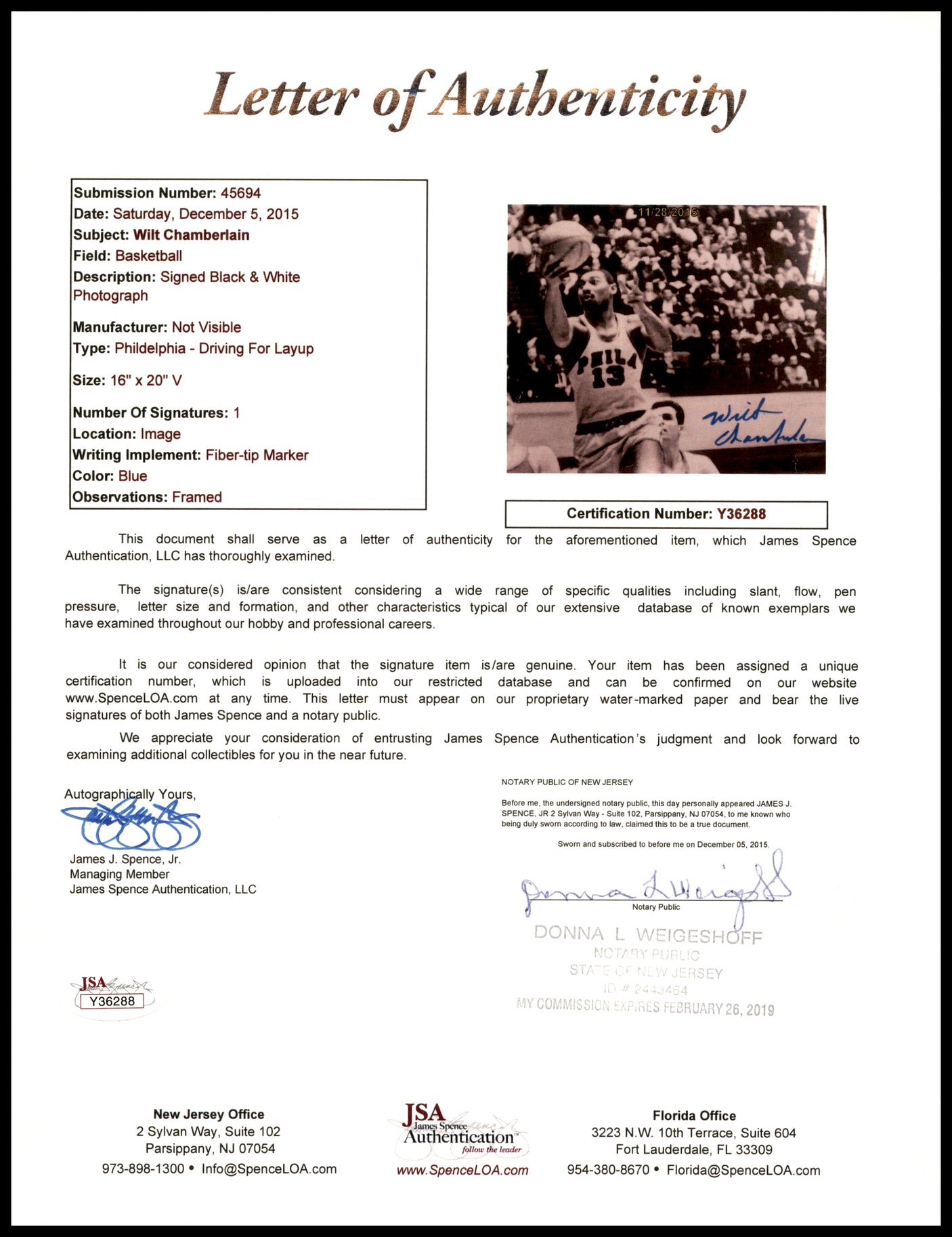 Wilt Chamberlain Autographed Framed 16x20 Photo Philadelphia 76ers JSA #Y36288