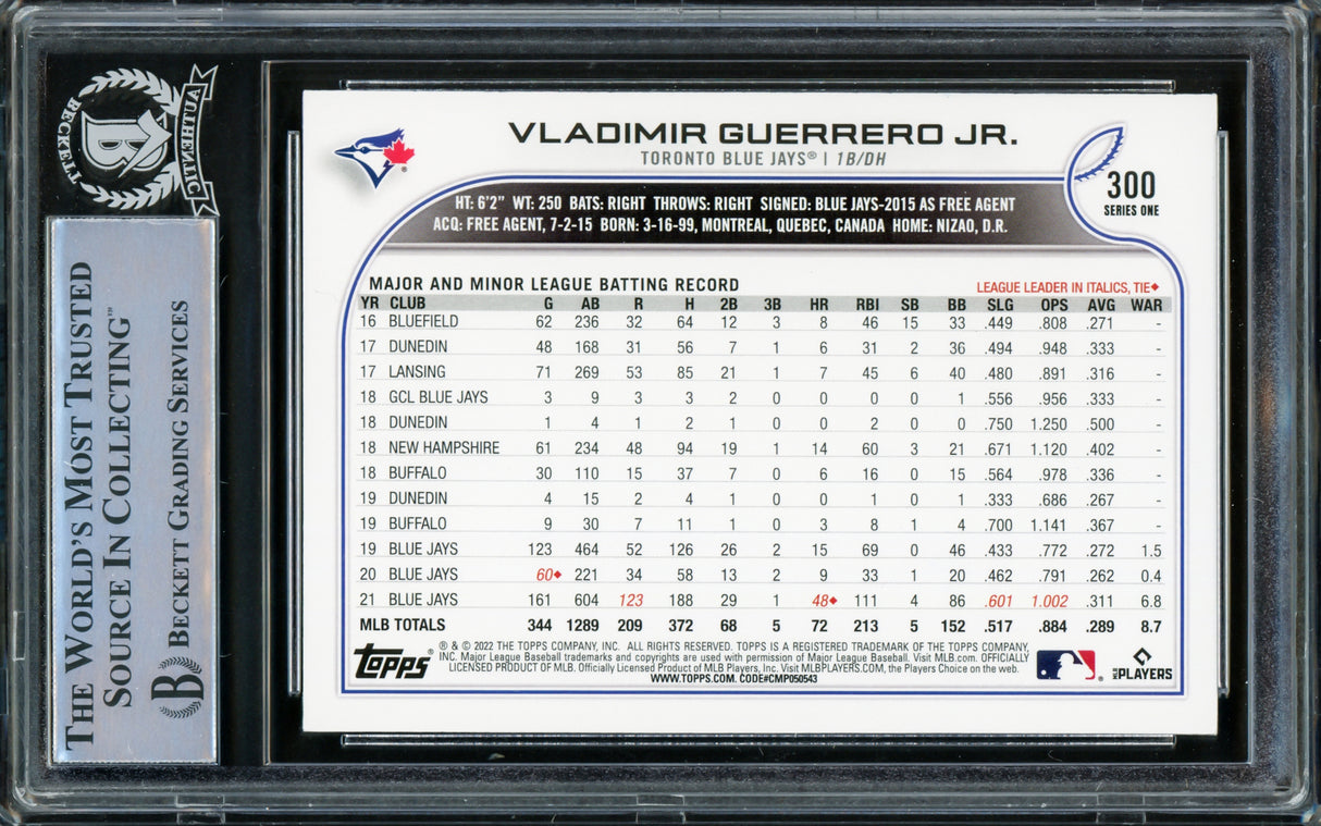 Vladimir Guerrero Jr. Autographed 2022 Topps Card #300 Toronto Blue Jays Beckett BAS Stock #219387