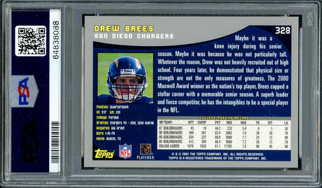 Drew Brees Autographed 2001 Topps Rookie Card #328 New Orleans Saints PSA 9 Auto Grade Gem Mint 10 PSA/DNA #64838088