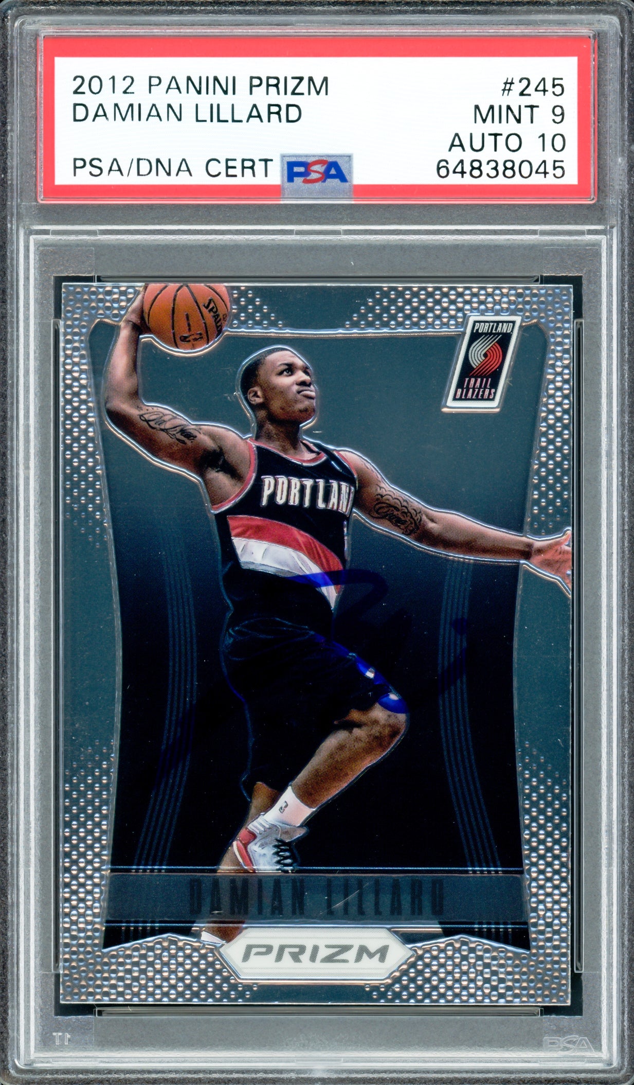 Damian Lillard Autographed 2012 Panini Prizm Rookie Card #245 Portland Trail Blazers PSA 9 Auto Grade Gem Mint 10 On Card PSA/DNA #64838045