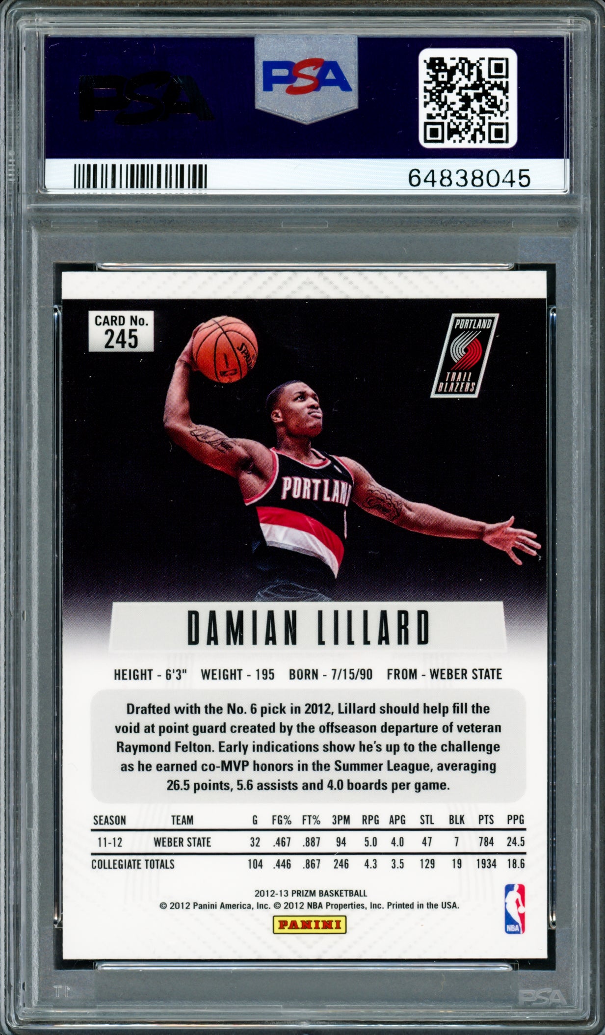 Damian Lillard Autographed 2012 Panini Prizm Rookie Card #245 Portland Trail Blazers PSA 9 Auto Grade Gem Mint 10 On Card PSA/DNA #64838045