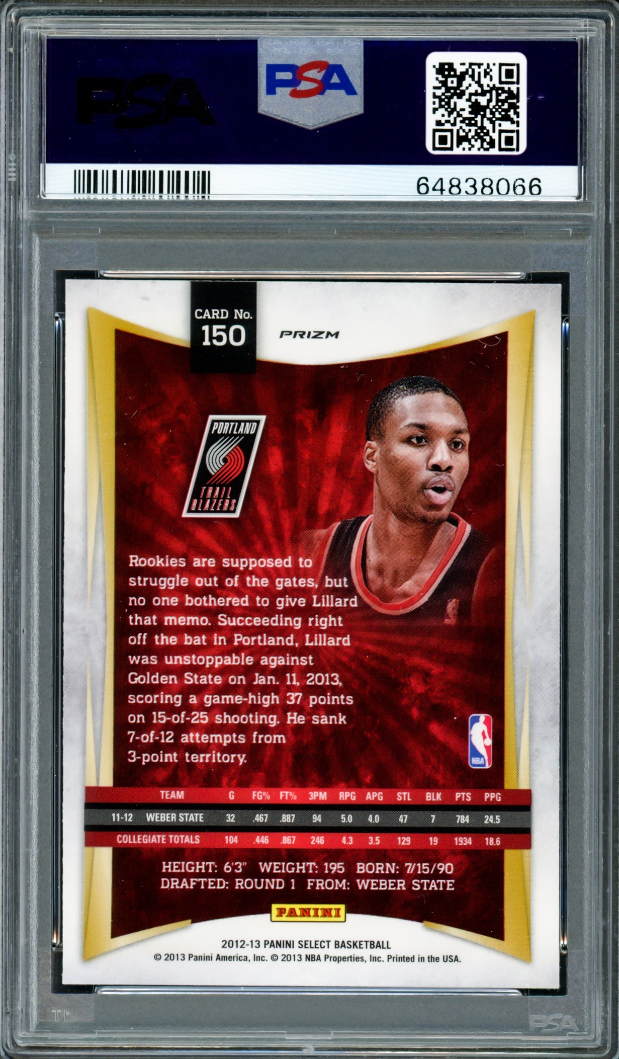 Damian Lillard Autographed 2012 Panini Select Silver Prizm Rookie Card #150 Portland Trail Blazers PSA 9 Auto Grade Gem Mint 10 On Card Highest Graded PSA/DNA #64838066