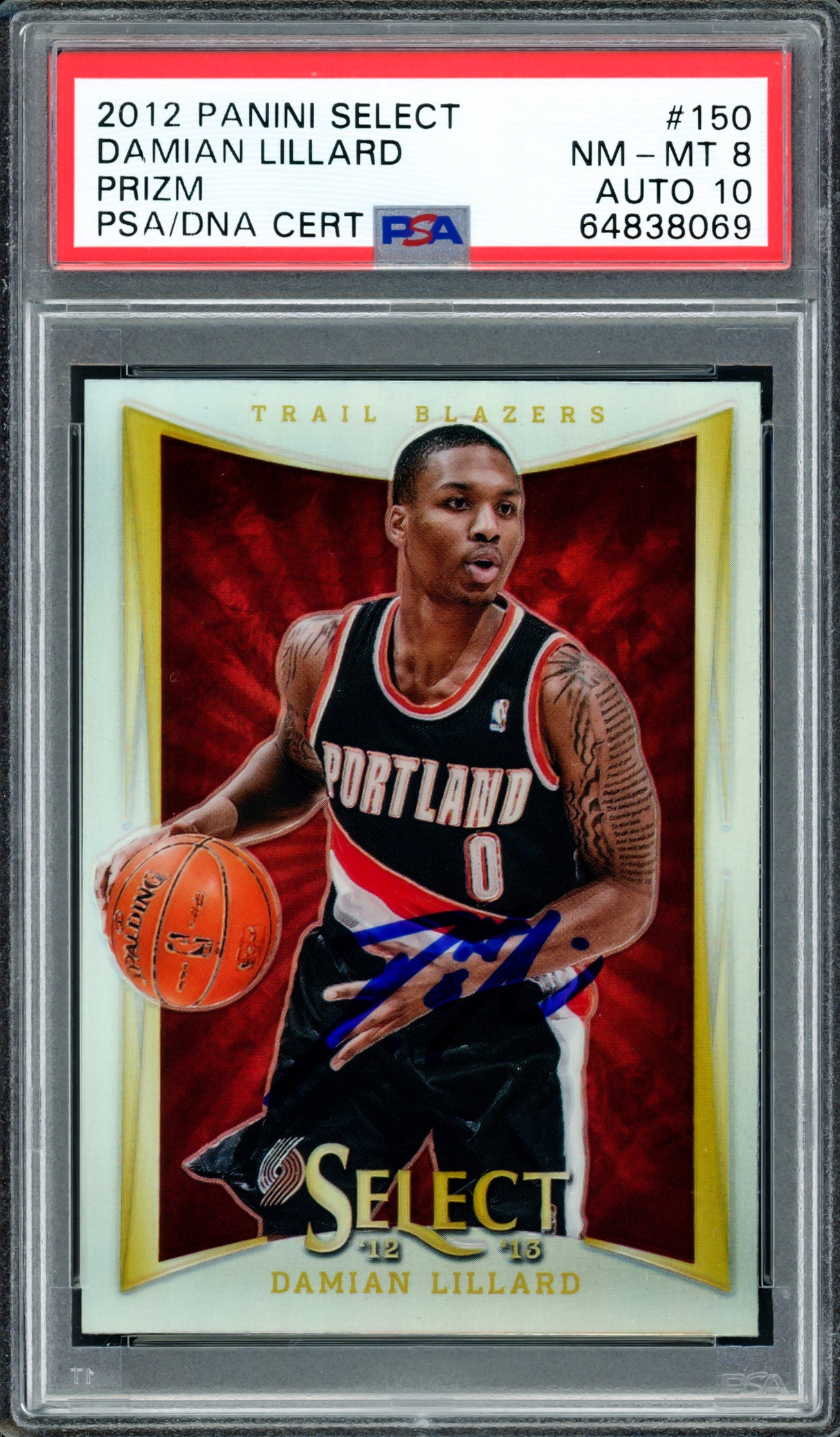 Damian Lillard Autographed 2012-13 Panini Select Silver Prizm Rookie Card #150 Portland Trail Blazers PSA 8 Auto Grade Gem Mint 10 On Card PSA/DNA #64838069