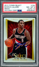 Damian Lillard Autographed 2012-13 Panini Select Silver Prizm Rookie Card #150 Portland Trail Blazers PSA 8 Auto Grade Gem Mint 10 On Card PSA/DNA #64838069