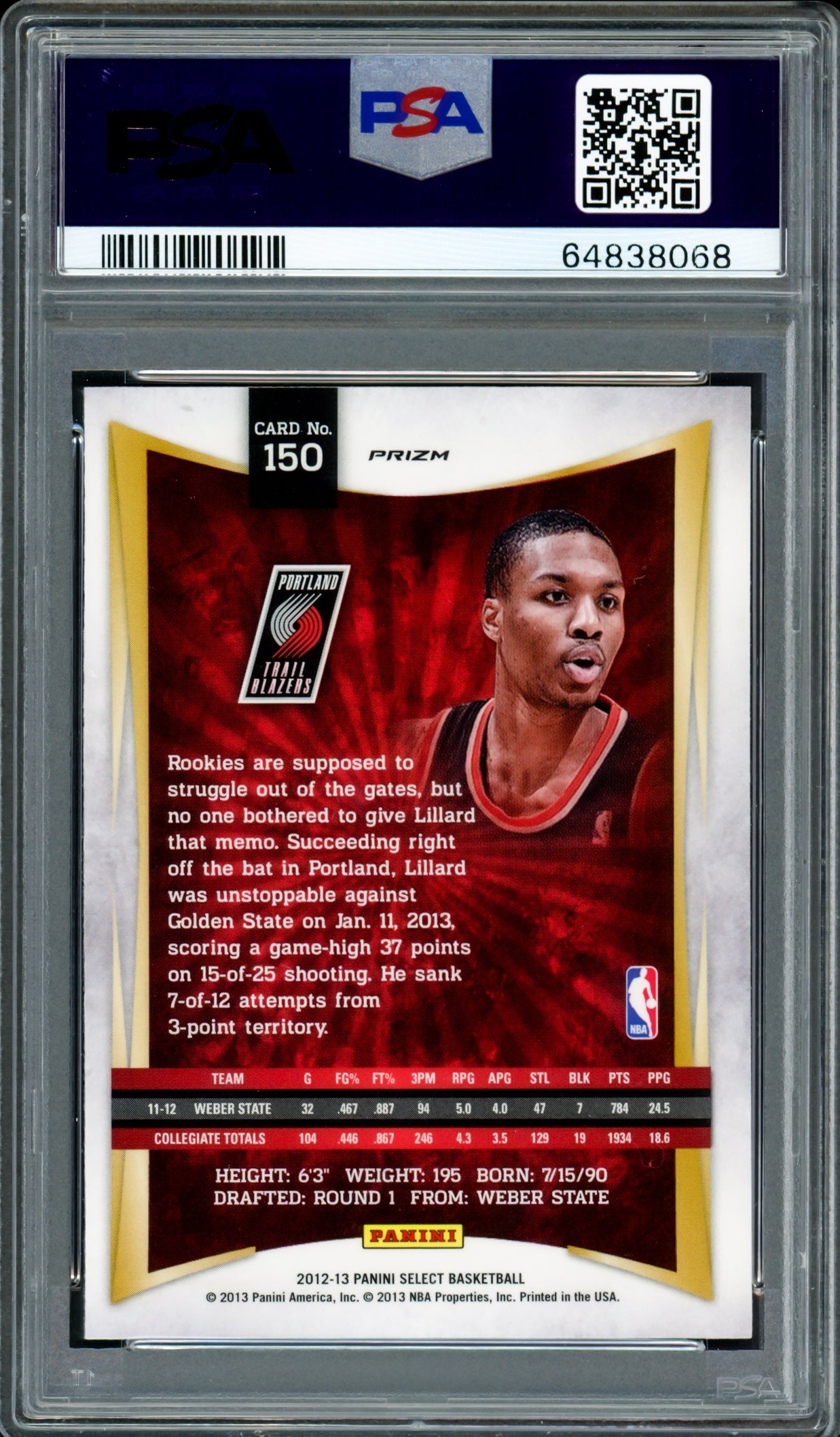 Damian Lillard Autographed 2012-13 Panini Select Silver Prizm Rookie Card #150 Portland Trail Blazers PSA 8 Auto Grade Gem Mint 10 On Card PSA/DNA #64838068