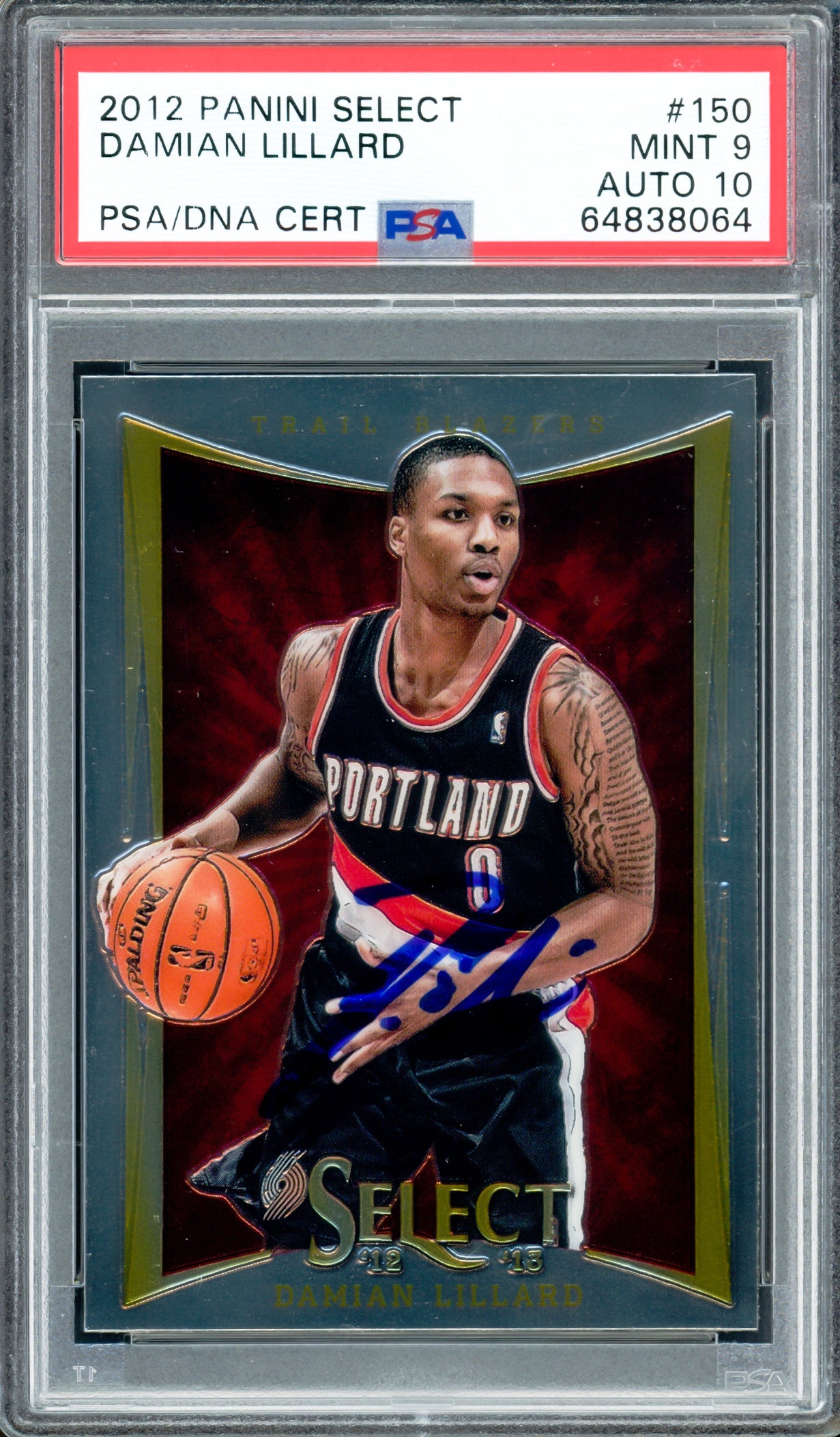 Damian Lillard Autographed 2012-13 Panini Select Rookie Card #150 Portland Trail Blazers PSA 9 Auto Grade Gem Mint 10 On Card PSA/DNA #64838064