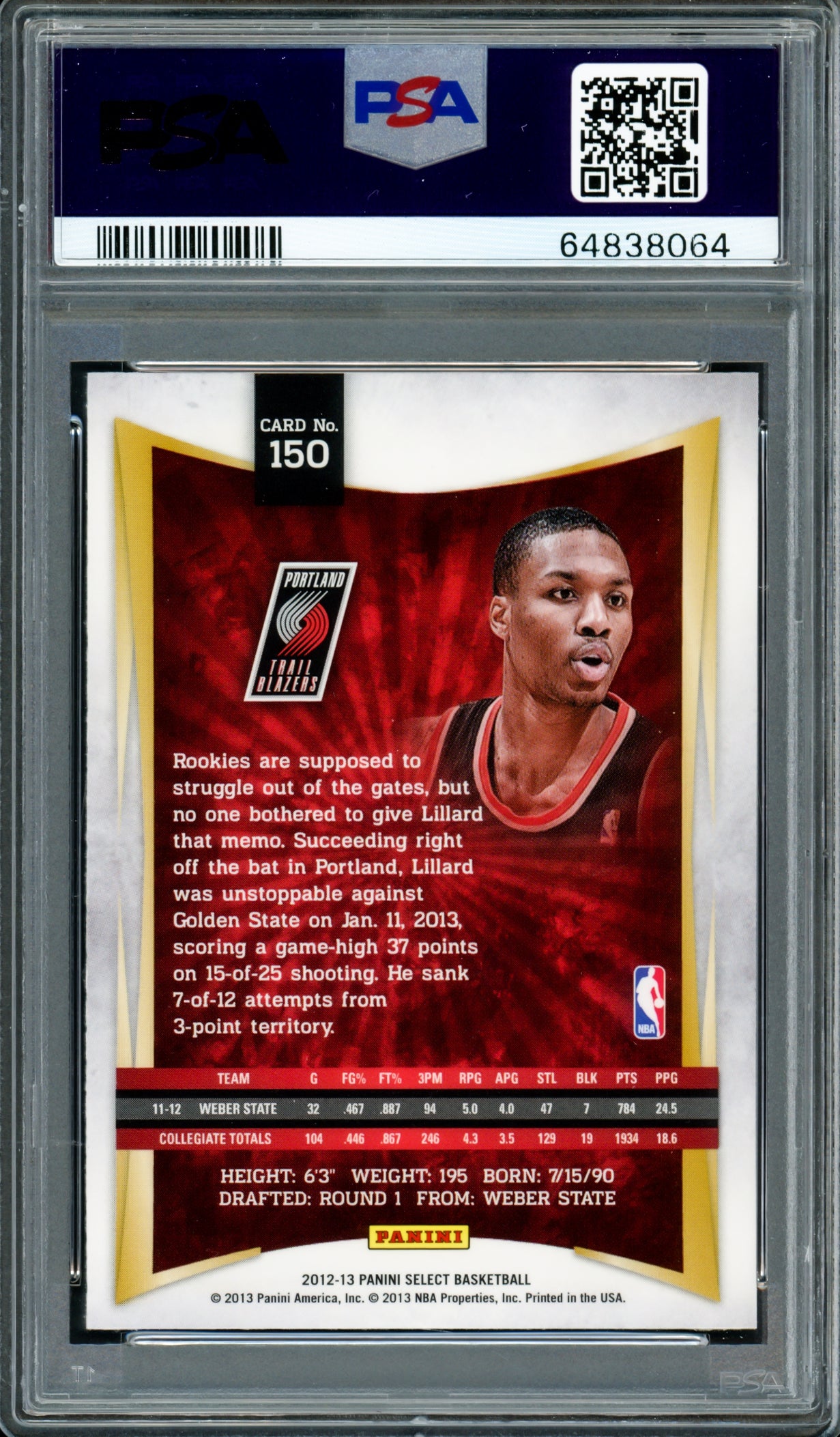 Damian Lillard Autographed 2012-13 Panini Select Rookie Card #150 Portland Trail Blazers PSA 9 Auto Grade Gem Mint 10 On Card PSA/DNA #64838064