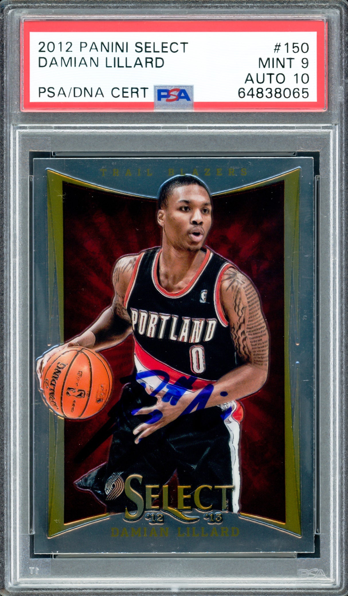 Damian Lillard Autographed 2012 Panini Select Rookie Card #150 Portland Trail Blazers PSA 9 Auto Grade Gem Mint 10 On Card PSA/DNA #64838065