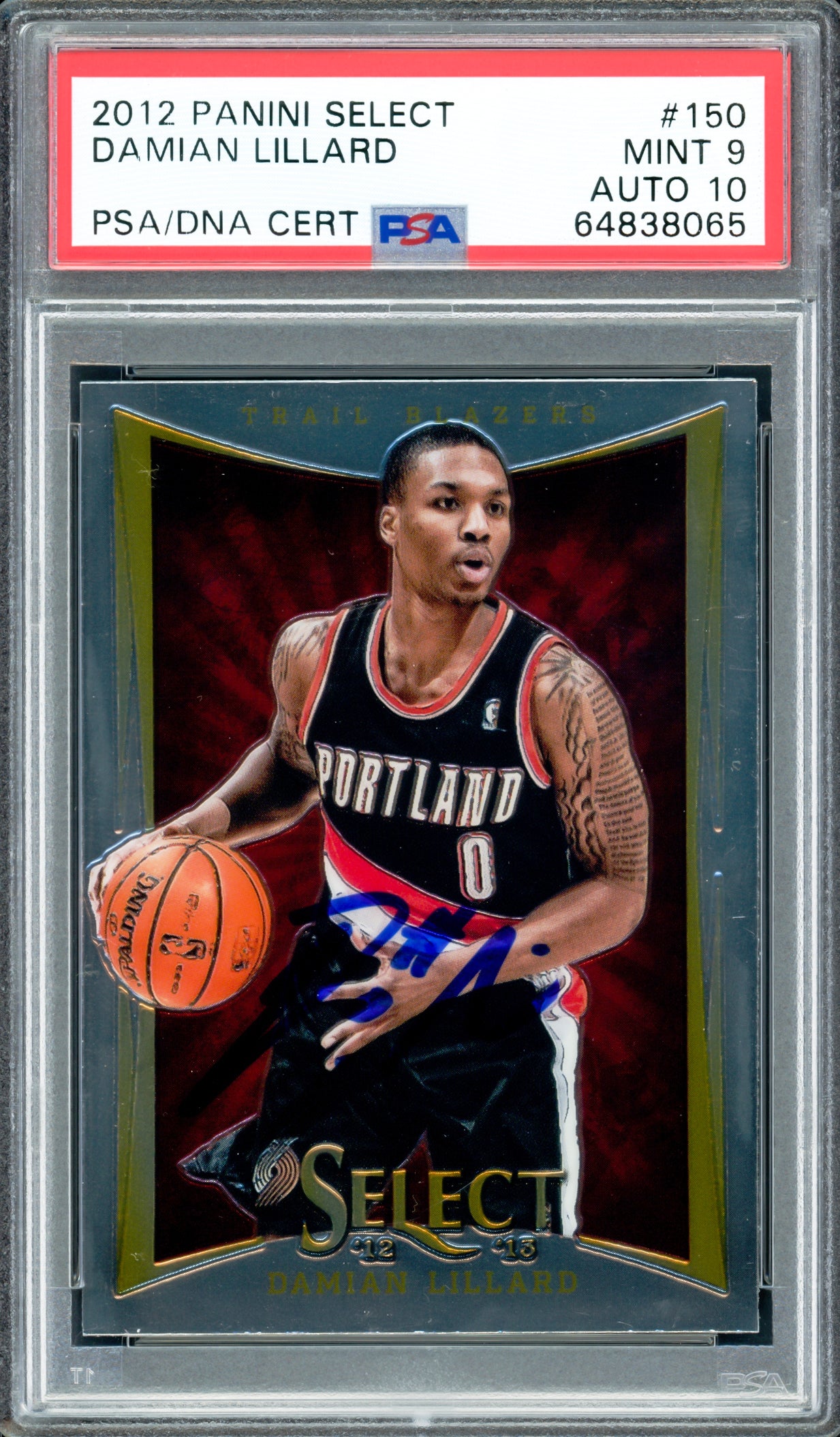 Damian Lillard Autographed 2012 Panini Select Rookie Card #150 Portland Trail Blazers PSA 9 Auto Grade Gem Mint 10 On Card PSA/DNA #64838065