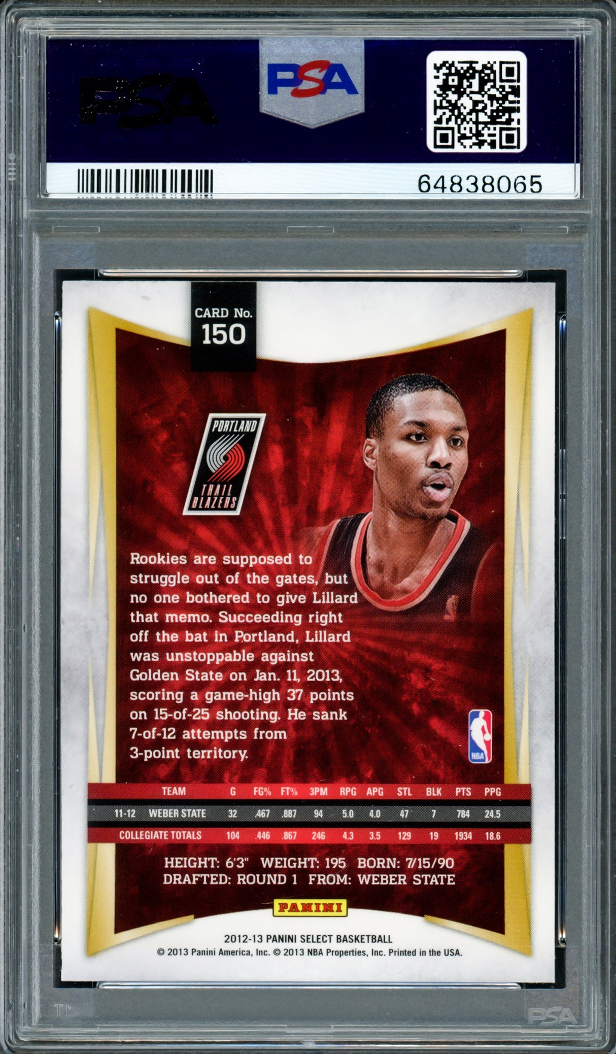 Damian Lillard Autographed 2012 Panini Select Rookie Card #150 Portland Trail Blazers PSA 9 Auto Grade Gem Mint 10 On Card PSA/DNA #64838065