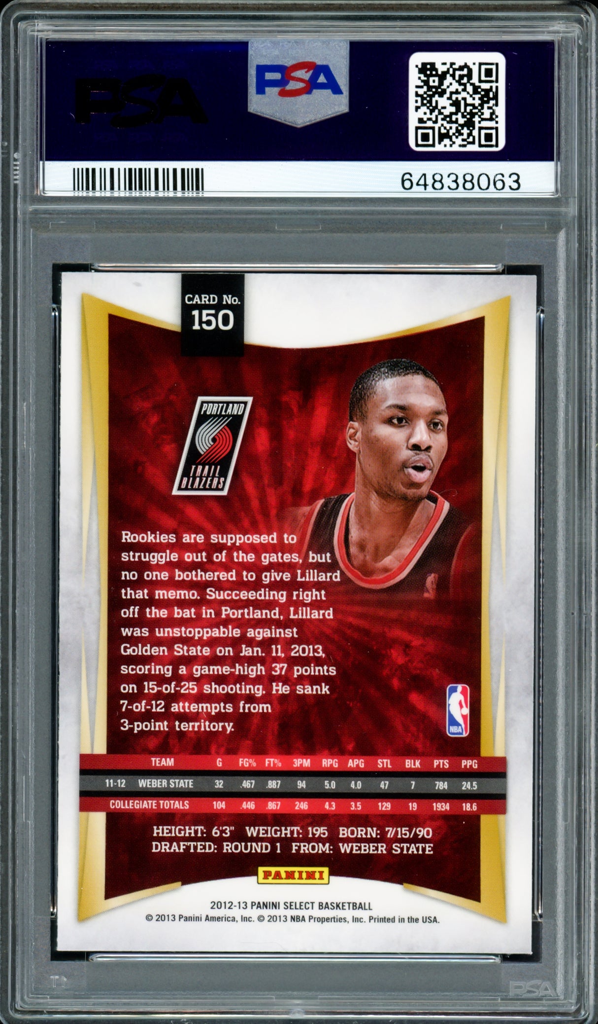 Damian Lillard Autographed 2012-13 Panini Select Rookie Card #150 Portland Trail Blazers PSA 9 Auto Grade Mint 9 On Card PSA/DNA #64838063