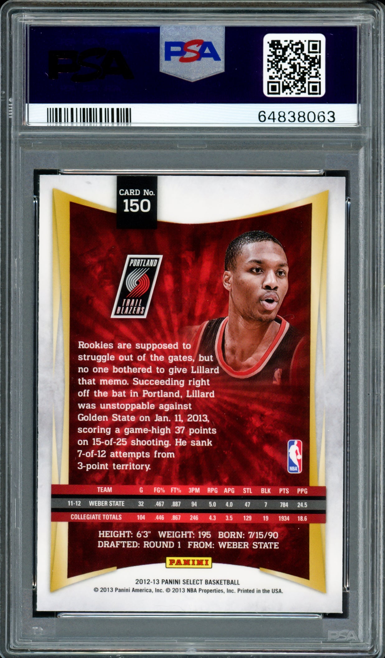 Damian Lillard Autographed 2012 Panini Select Rookie Card #150 Portland Trail Blazers PSA 9 Auto Grade Mint 9 On Card PSA/DNA #64838063