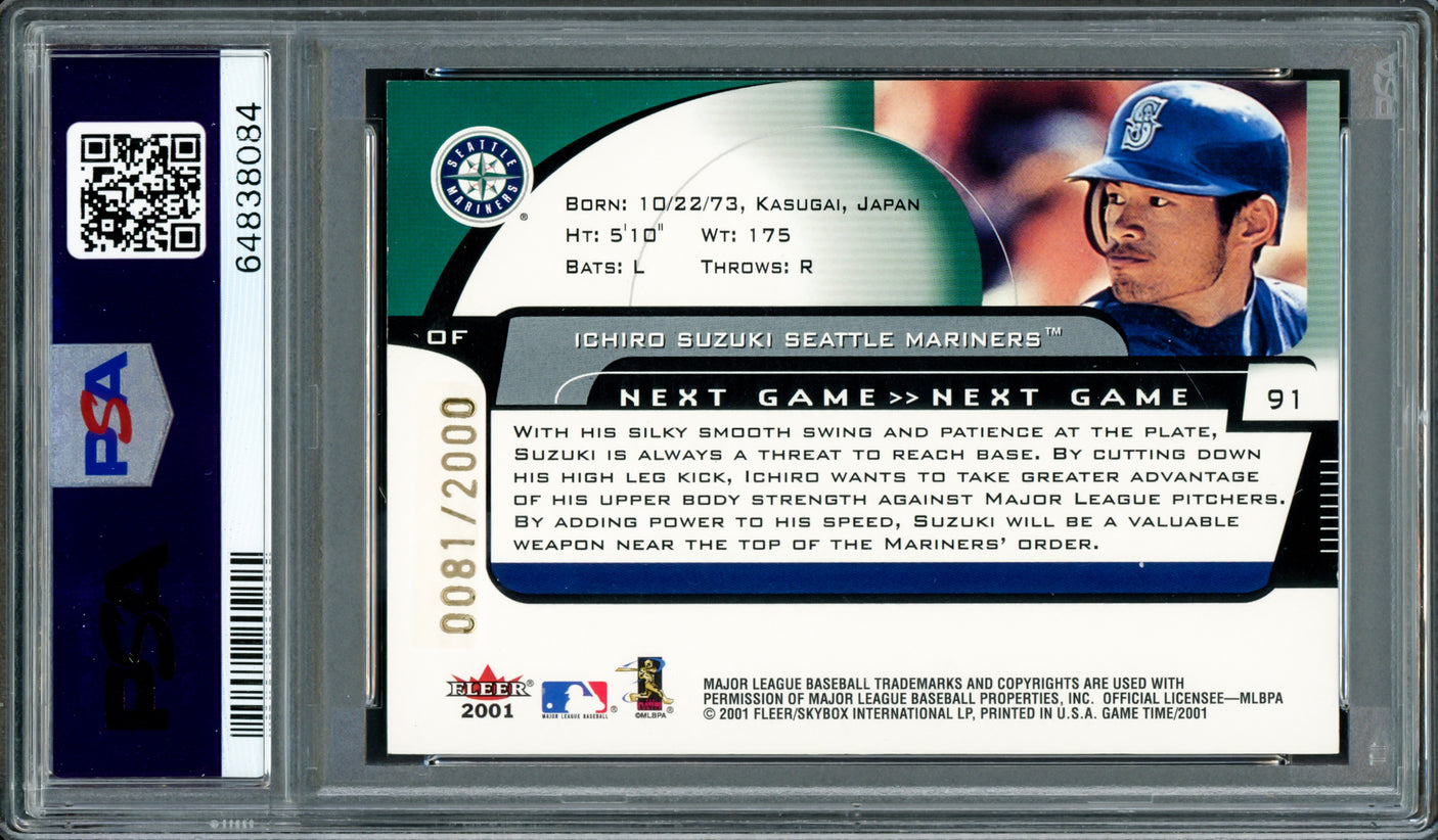 Ichiro Suzuki Autographed 2001 Fleer Game Time Rookie Card #91 Seattle Mariners PSA 9 Auto Grade Gem Mint 10 #81/2000 PSA/DNA #64838084