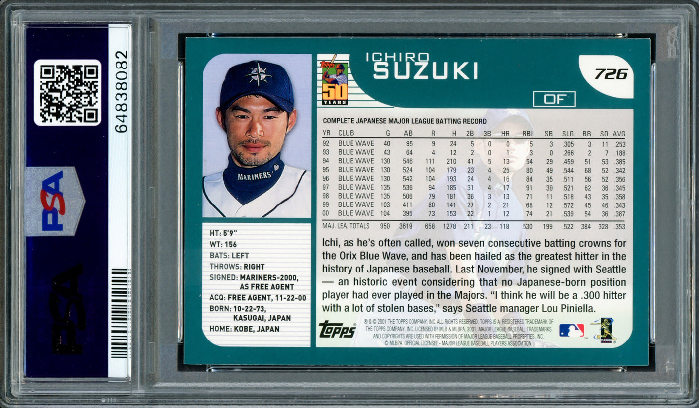 Ichiro Suzuki Autographed 2001 Topps Home Team Advantage Rookie Card #726 Seattle Mariners PSA 9 Auto Grade Gem Mint 10 "01 ROY/MVP" Highest Graded PSA/DNA #64838082