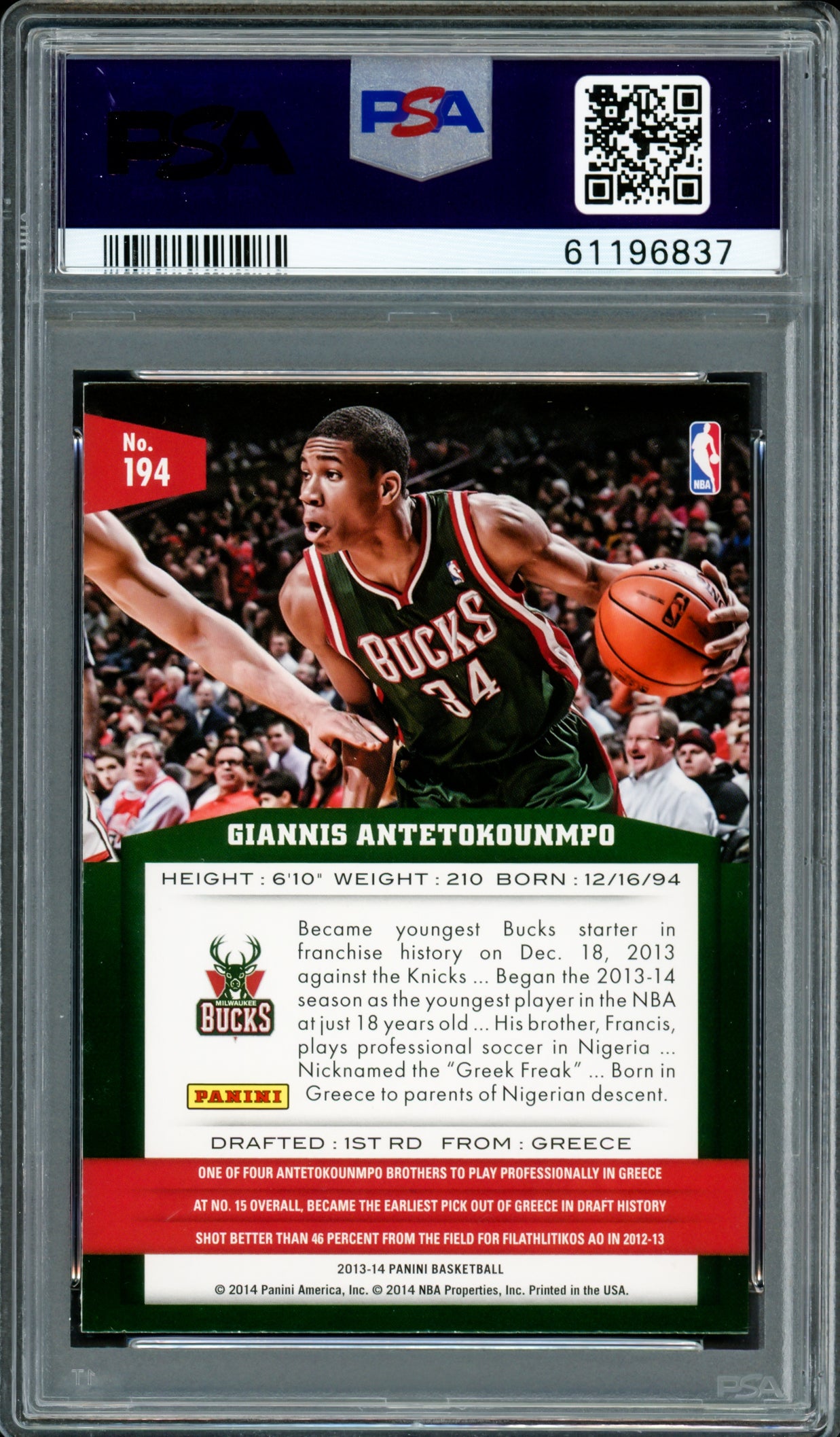 Giannis Antetokounmpo Autographed 2013 Panini Rookie Card #194 Milwaukee Bucks PSA 8 Auto Grade Gem Mint 10 PSA/DNA #61196837