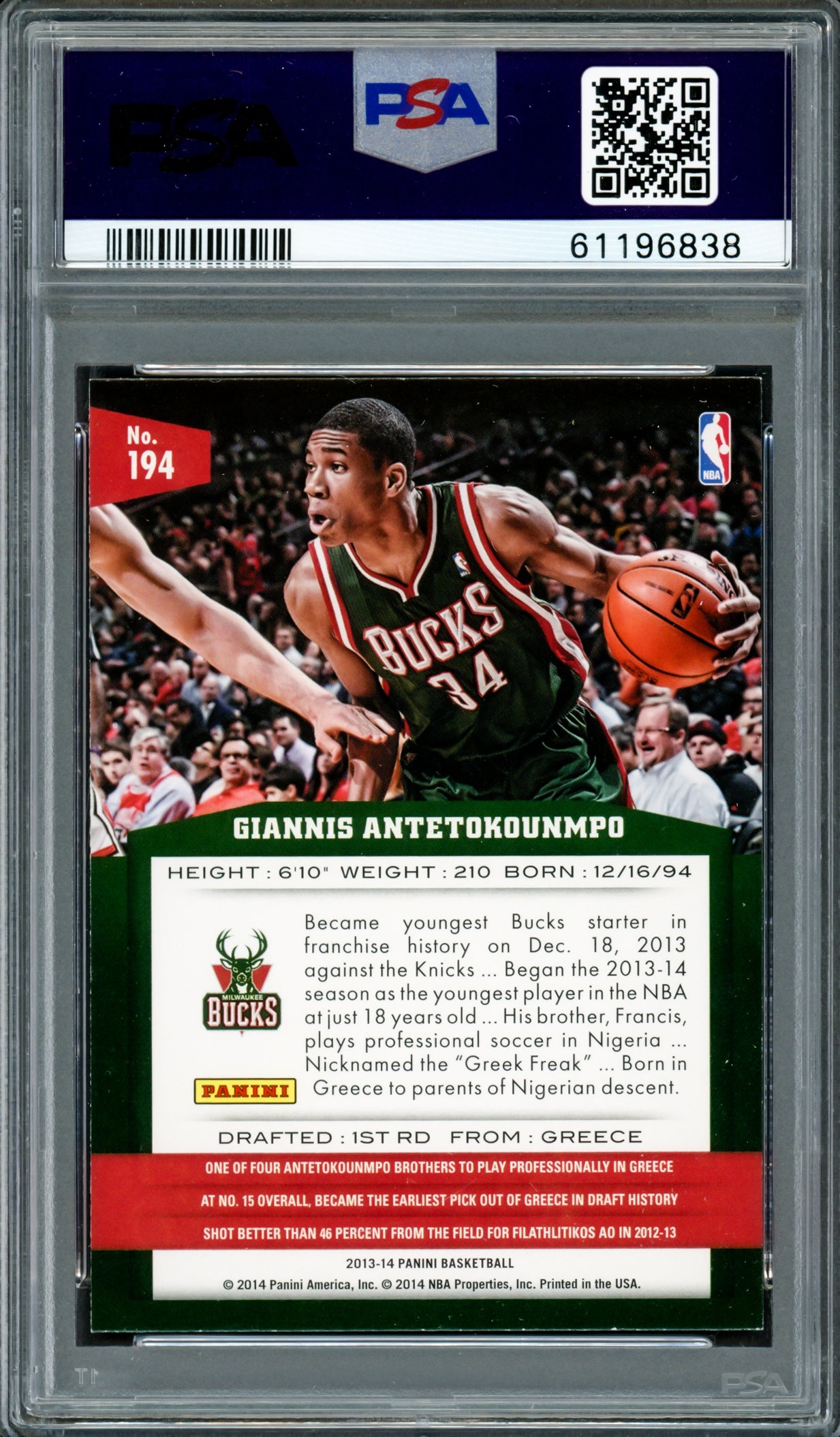 Giannis Antetokounmpo Autographed 2013 Panini Rookie Card #194 Milwaukee Bucks PSA 8 Auto Grade Mint 9 PSA/DNA #61196838