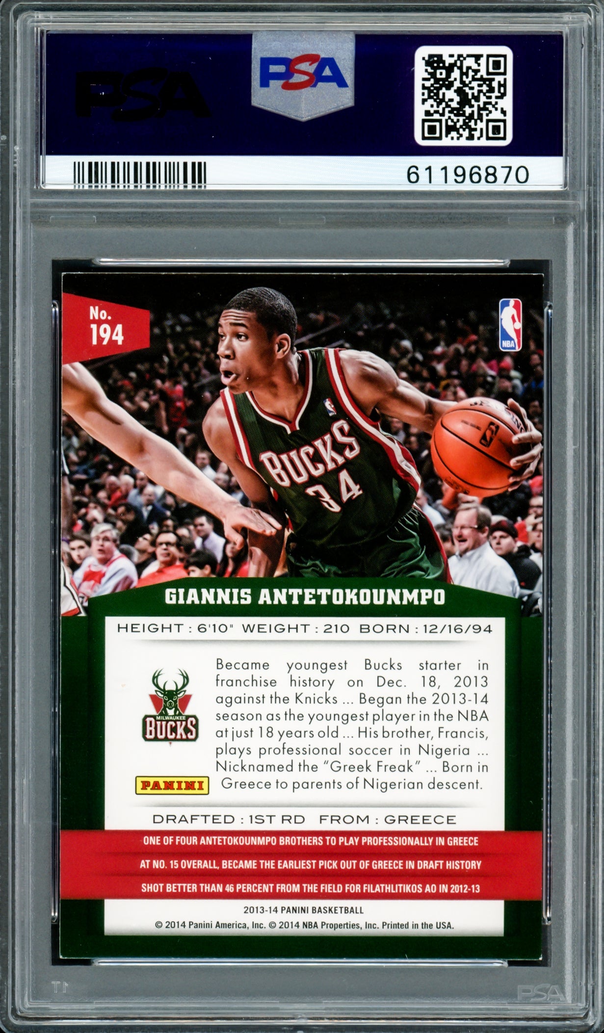 Giannis Antetokounmpo Autographed 2013 Panini Rookie Card #194 Milwaukee Bucks PSA/DNA #61196870