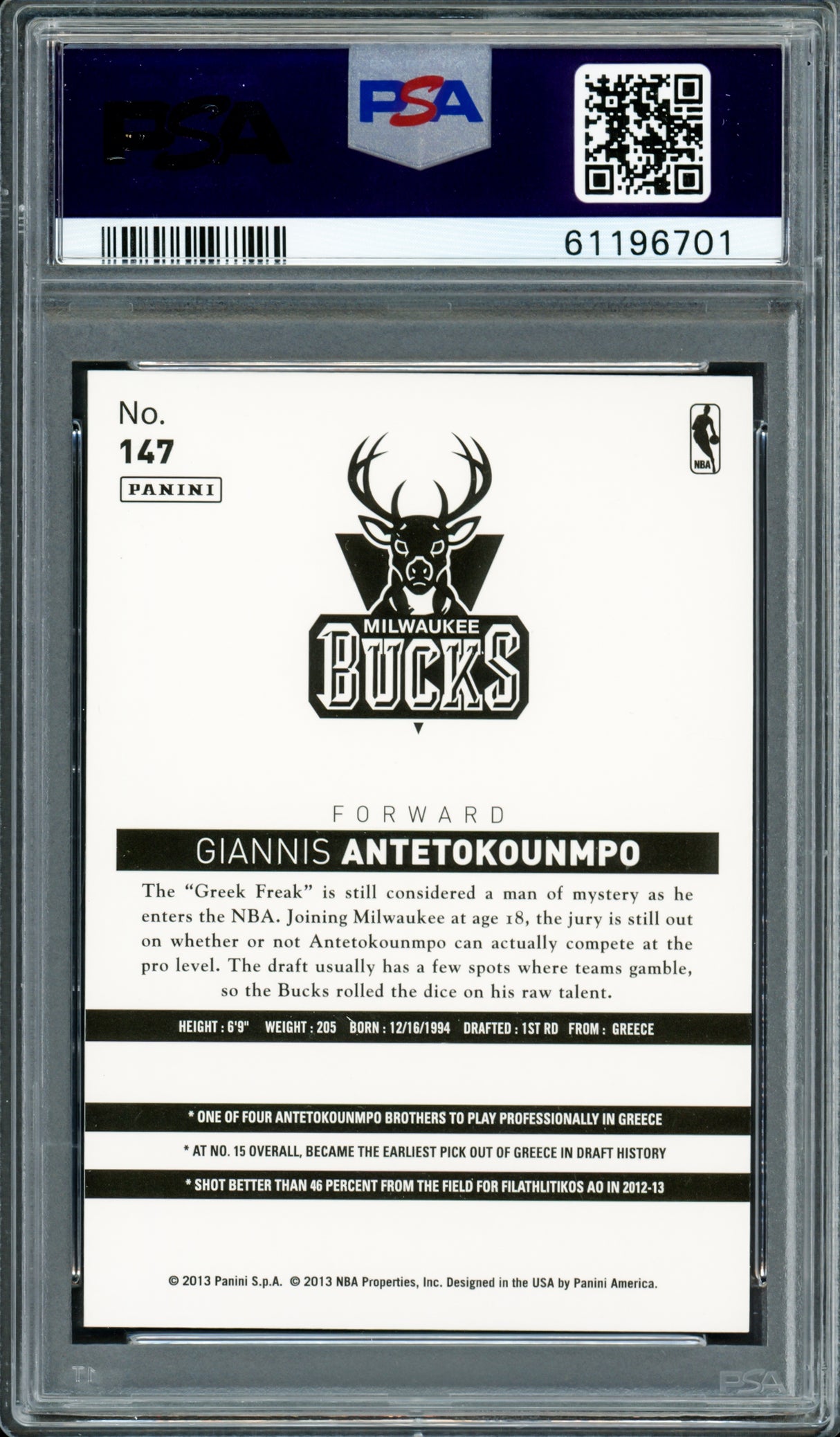 Giannis Antetokounmpo Autographed 2013 Panini NBA China Rookie Card #147 Milwaukee Bucks Auto Grade Mint 9 PSA/DNA #61196701