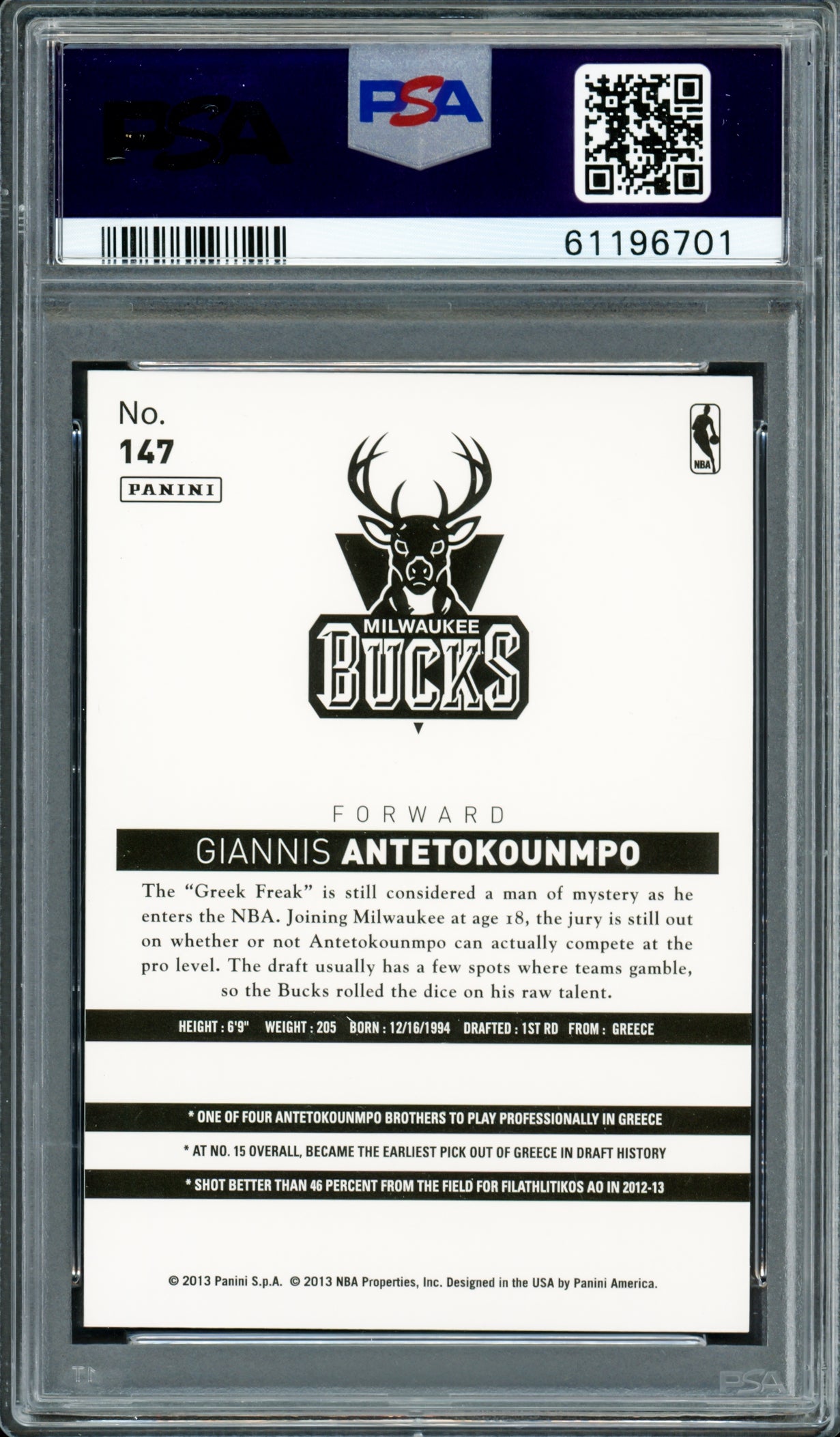 Giannis Antetokounmpo Autographed 2013 Panini NBA China Rookie Card #147 Milwaukee Bucks Auto Grade Mint 9 PSA/DNA #61196701