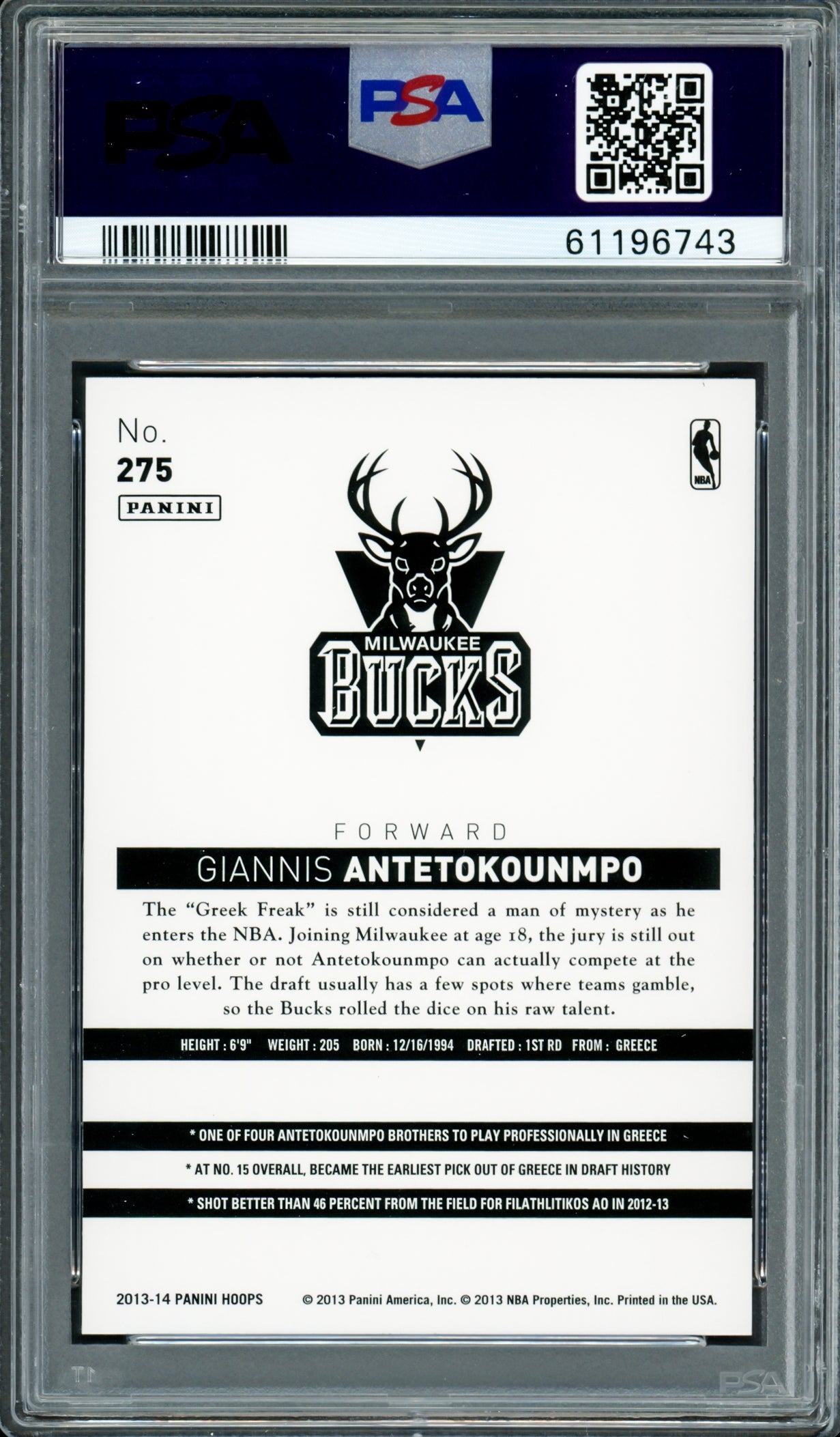 Giannis Antetokounmpo Autographed 2013 Panini Hoops Rookie Card #275 Milwaukee Bucks PSA 8 Auto Grade Gem Mint 10 PSA/DNA #61196743