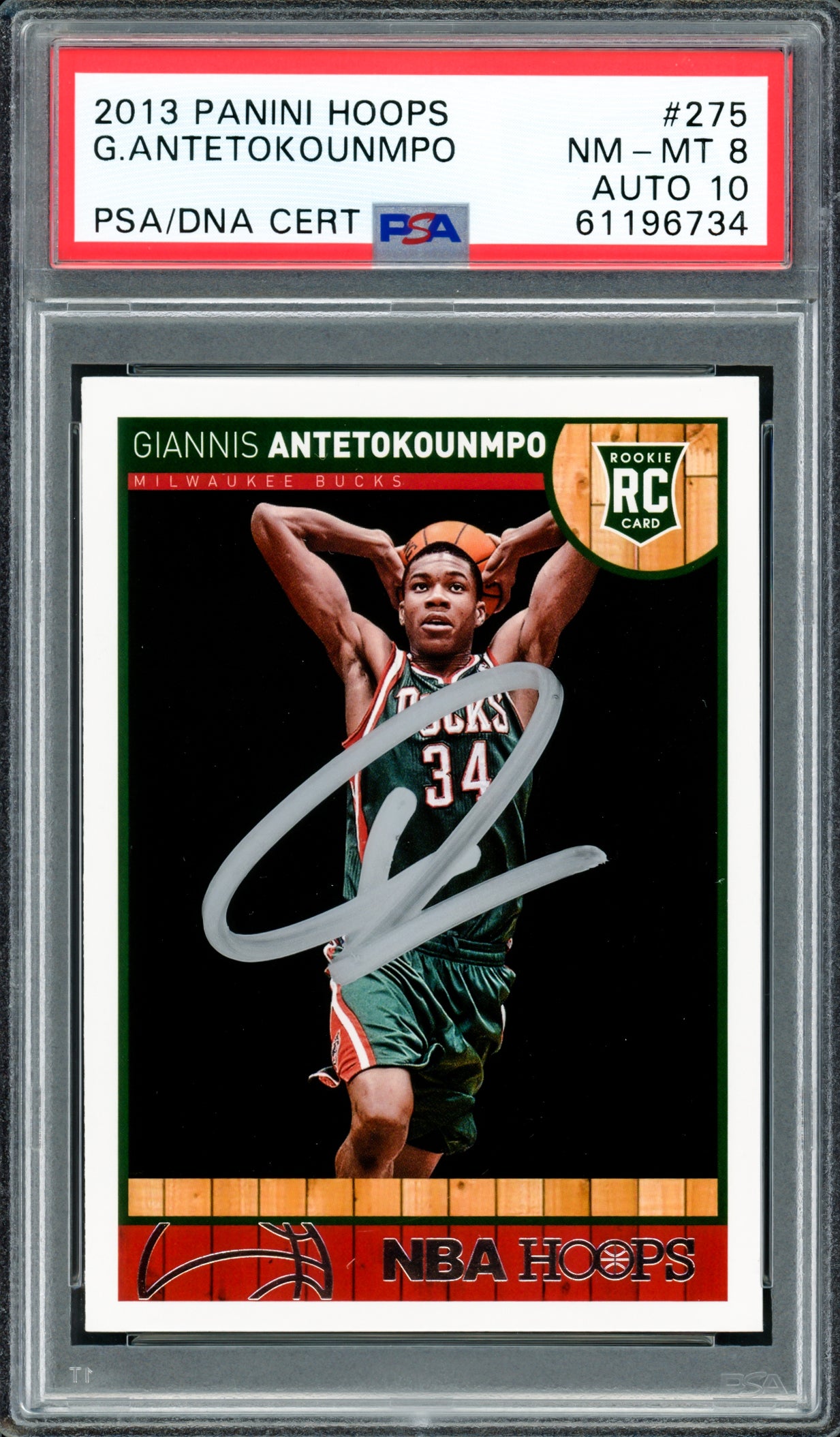 Giannis Antetokounmpo Autographed 2013 Panini Hoops Rookie Card #275 Milwaukee Bucks PSA 8 Auto Grade Gem Mint 10 PSA/DNA #61196734