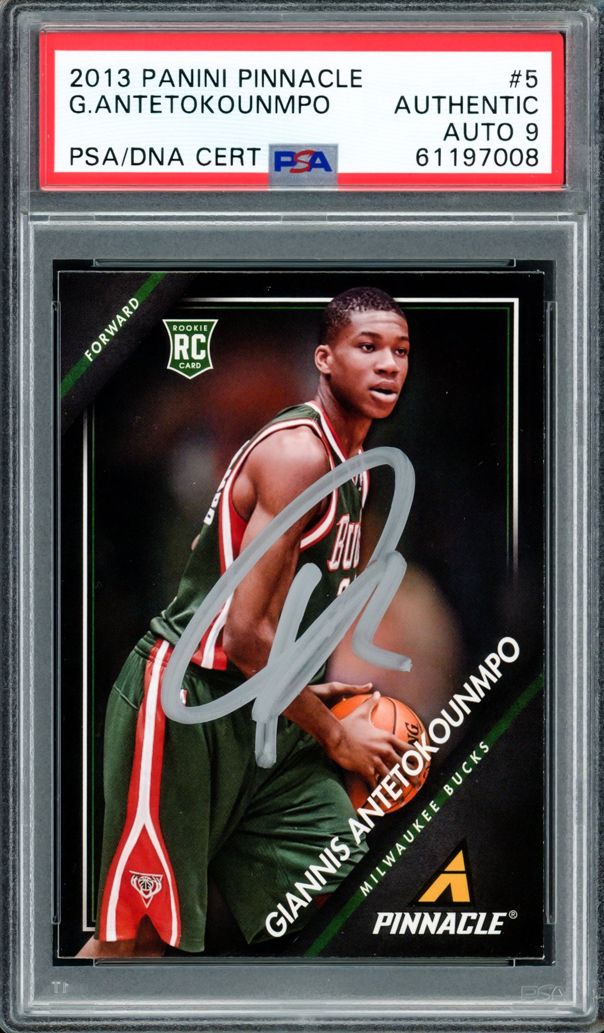 Giannis Antetokounmpo Autographed 2013 Panini Pinnacle Rookie Card #5 Milwaukee Bucks Auto Grade Mint 9 PSA/DNA #61197008