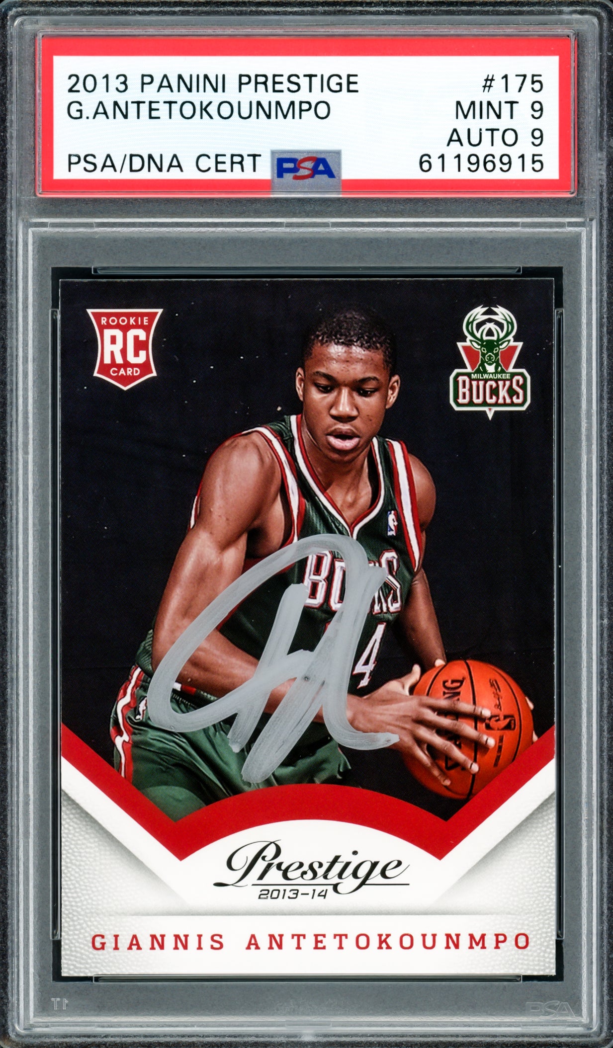 Giannis Antetokounmpo Autographed 2013 Panini Prestige Rookie Card #175 Milwaukee Bucks PSA 9 Auto Grade Mint 9 PSA/DNA #61196915