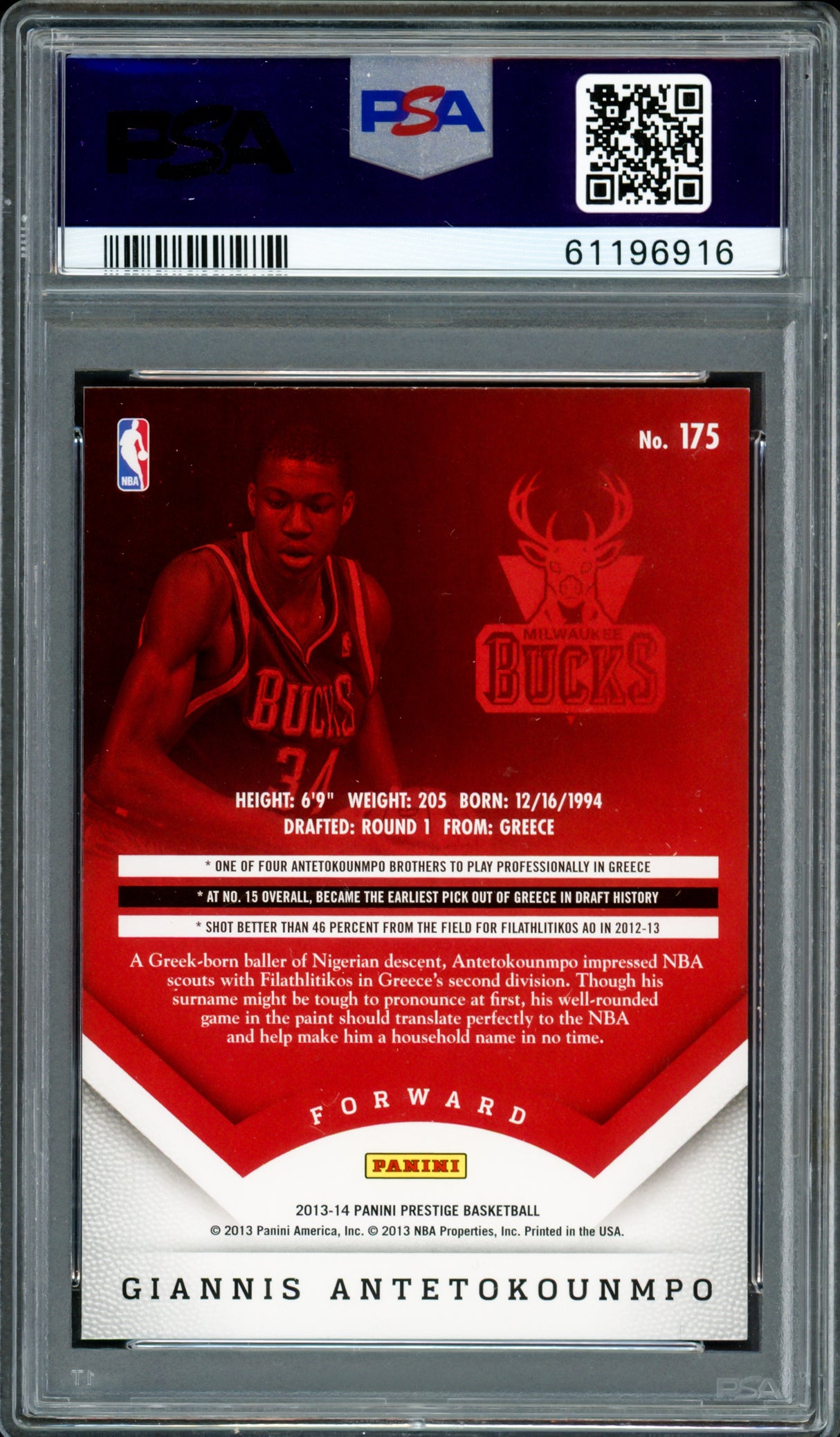 Giannis Antetokounmpo Autographed 2013 Panini Prestige Rookie Card #175 Milwaukee Bucks PSA 9 Auto Grade Mint 9 PSA/DNA #61196916