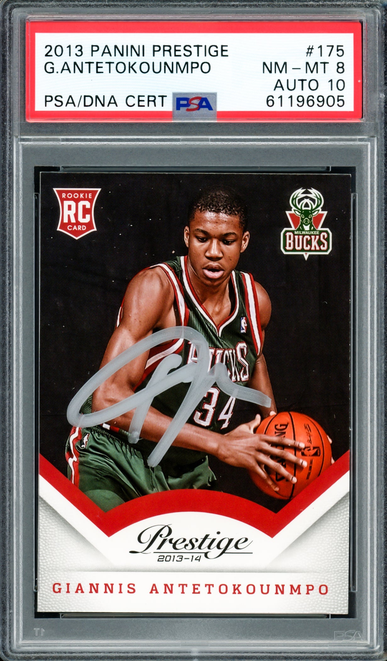Giannis Antetokounmpo Autographed 2013 Panini Prestige Rookie Card #175 Milwaukee Bucks PSA 8 Auto Grade Gem Mint 10 PSA/DNA #61196905