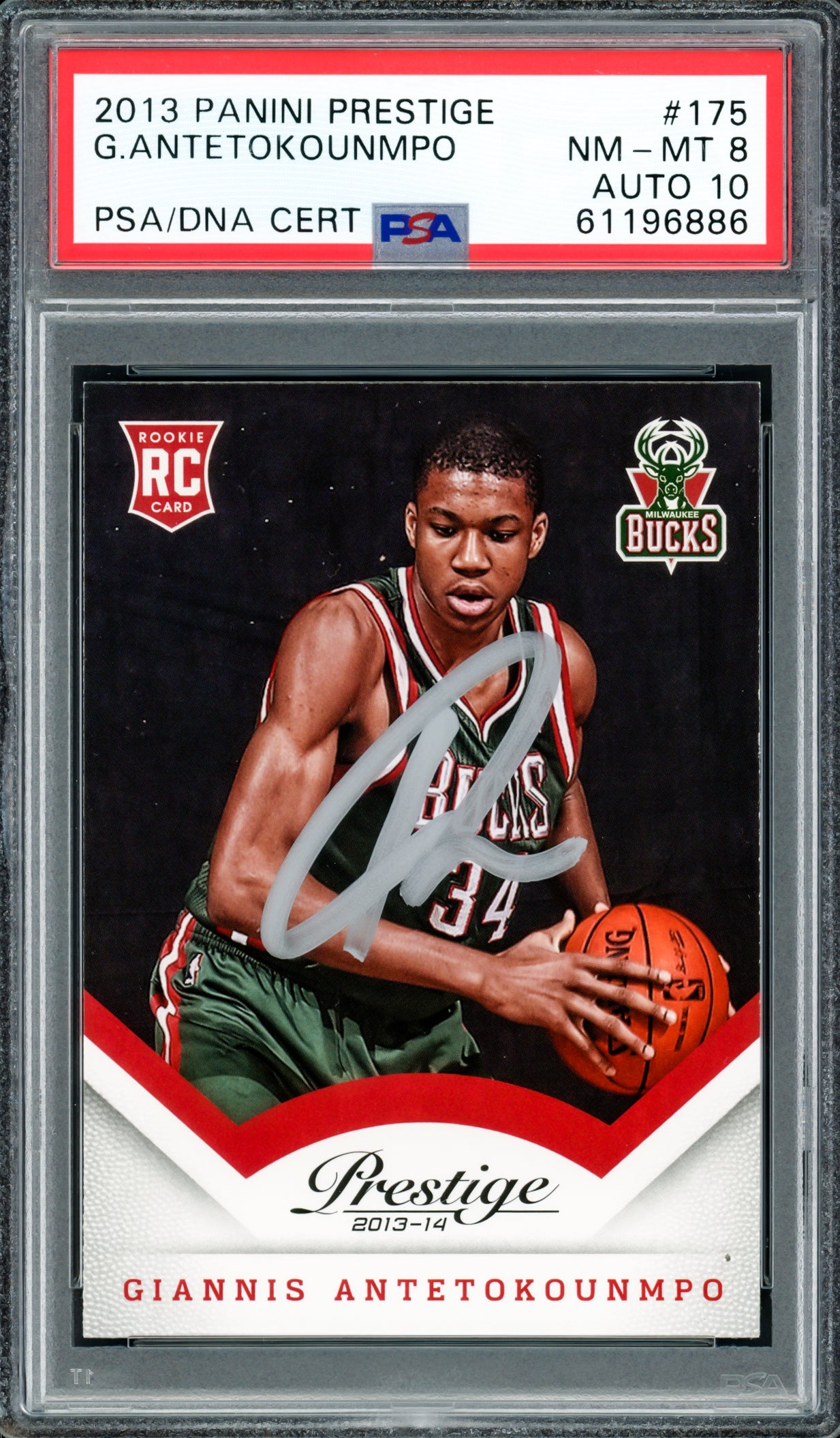 Giannis Antetokounmpo Autographed 2013 Panini Prestige Rookie Card #175 Milwaukee Bucks PSA 8 Auto Grade Gem Mint 10 PSA/DNA #61196886