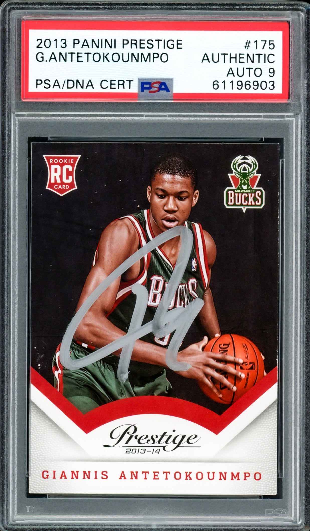 Giannis Antetokounmpo Autographed 2013 Panini Prestige Rookie Card #175 Milwaukee Bucks Auto Grade Mint 9 PSA/DNA #61196903