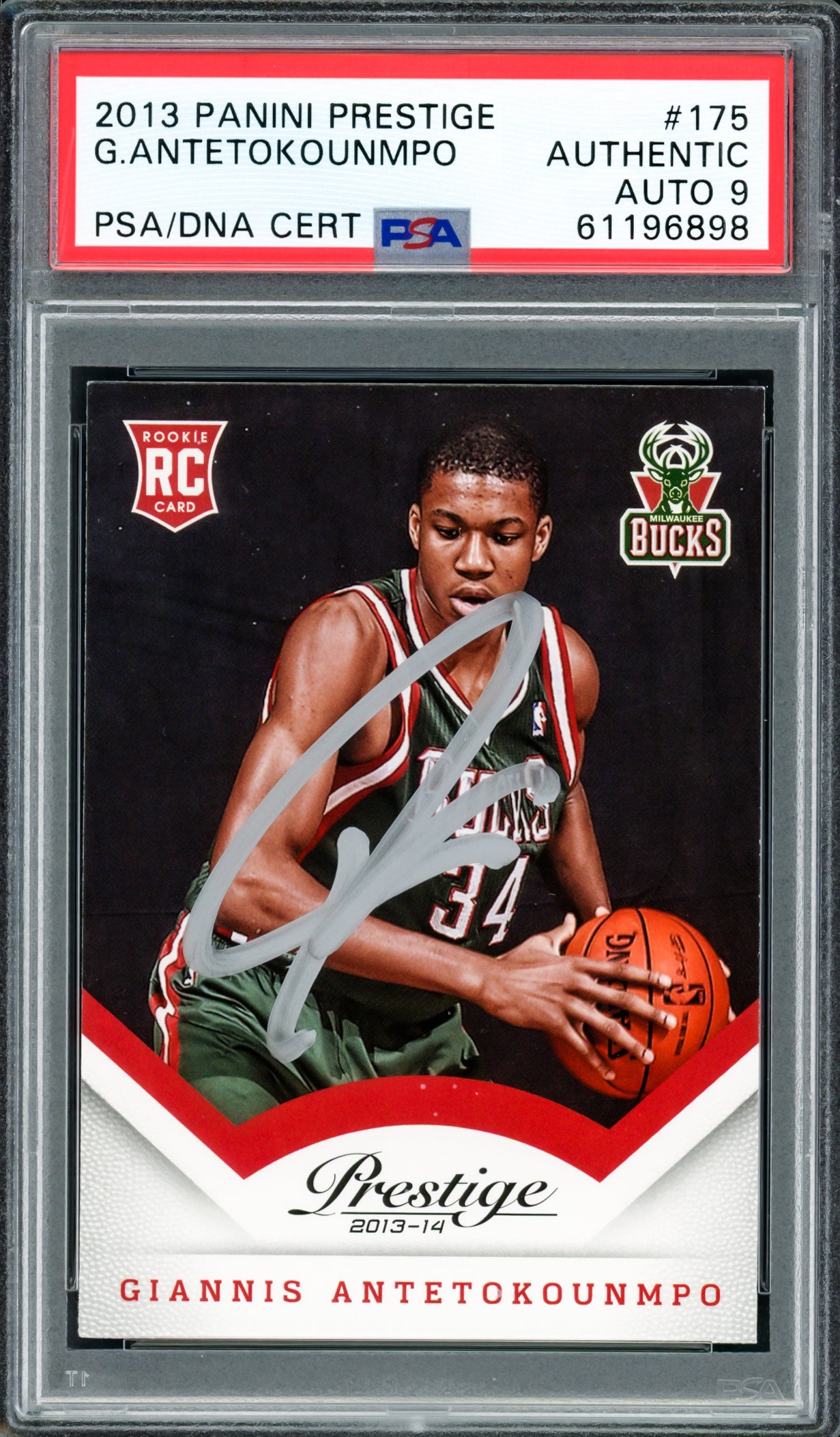 Giannis Antetokounmpo Autographed 2013 Panini Prestige Rookie Card #175 Milwaukee Bucks Auto Grade Mint 9 PSA/DNA #61196898