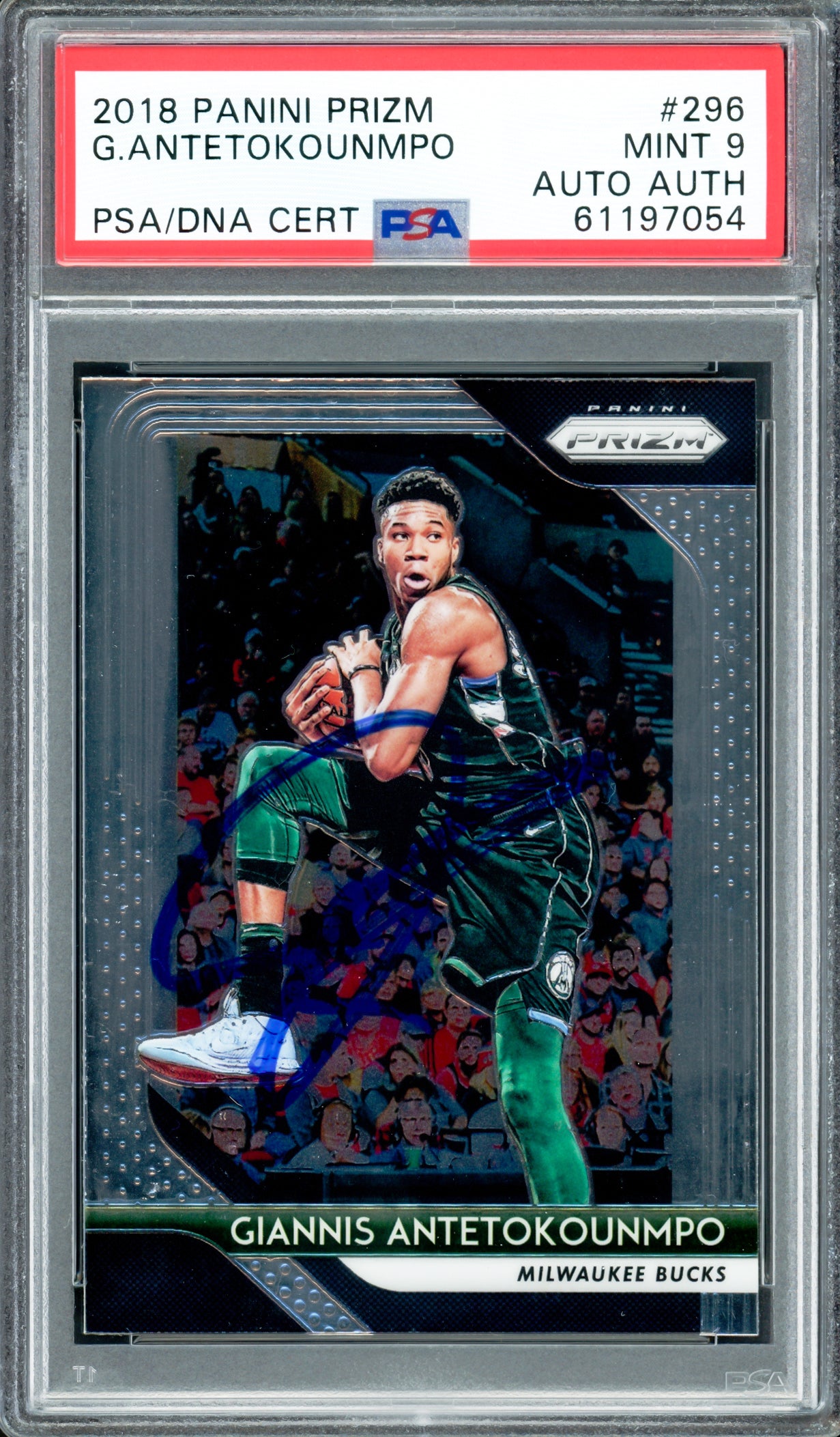 Giannis Antetokounmpo Autographed 2018 Panini Prizm Card #296 Milwaukee Bucks PSA 9 PSA/DNA Stock #208484