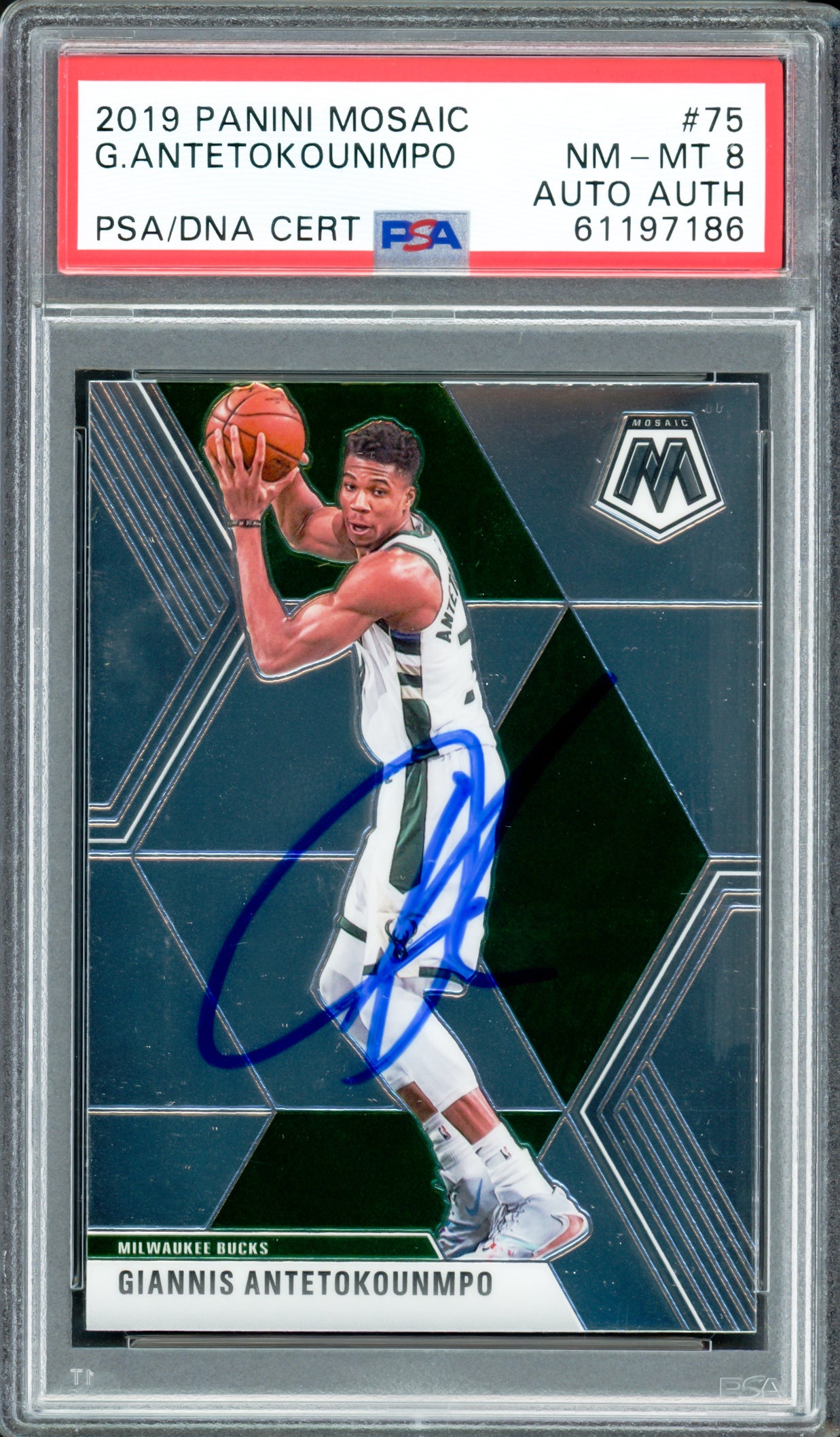 Giannis Antetokounmpo Autographed 2019 Panini Mosaic Card #75 Milwaukee Bucks PSA 8 PSA/DNA #61197186