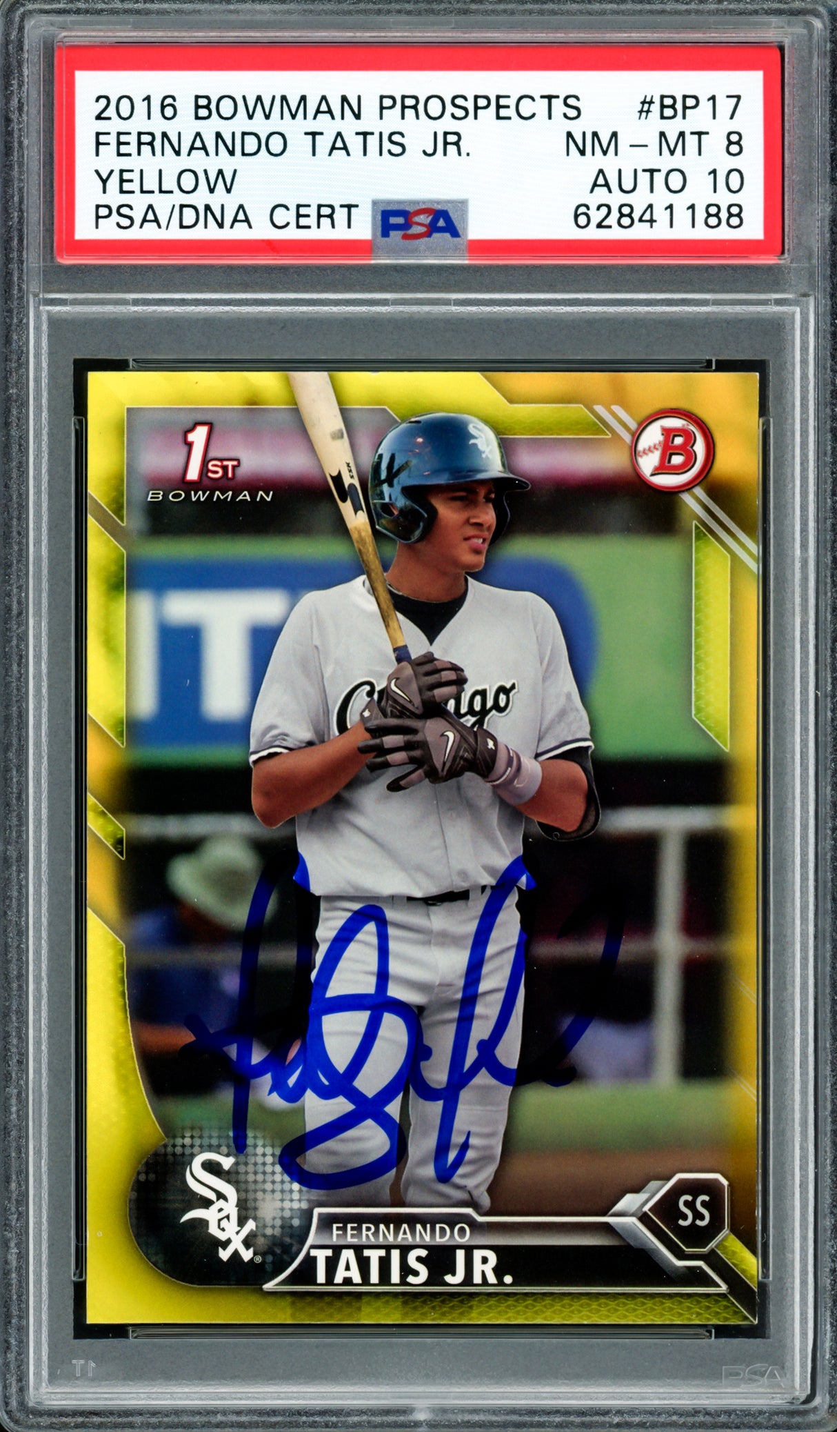 Fernando Tatis Jr. Autographed 2016 Bowman Prospects Yellow Rookie Card #BP17 San Diego Padres PSA 8 Auto Grade Gem Mint 10 PSA/DNA #62841188