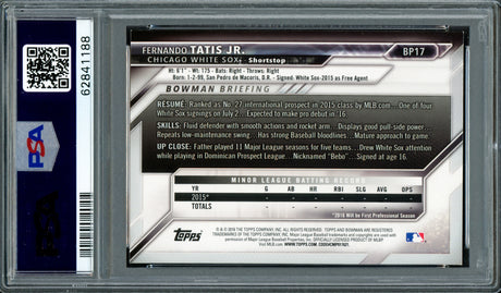 Fernando Tatis Jr. Autographed 2016 Bowman Prospects Yellow Rookie Card #BP17 San Diego Padres PSA 8 Auto Grade Gem Mint 10 PSA/DNA #62841188