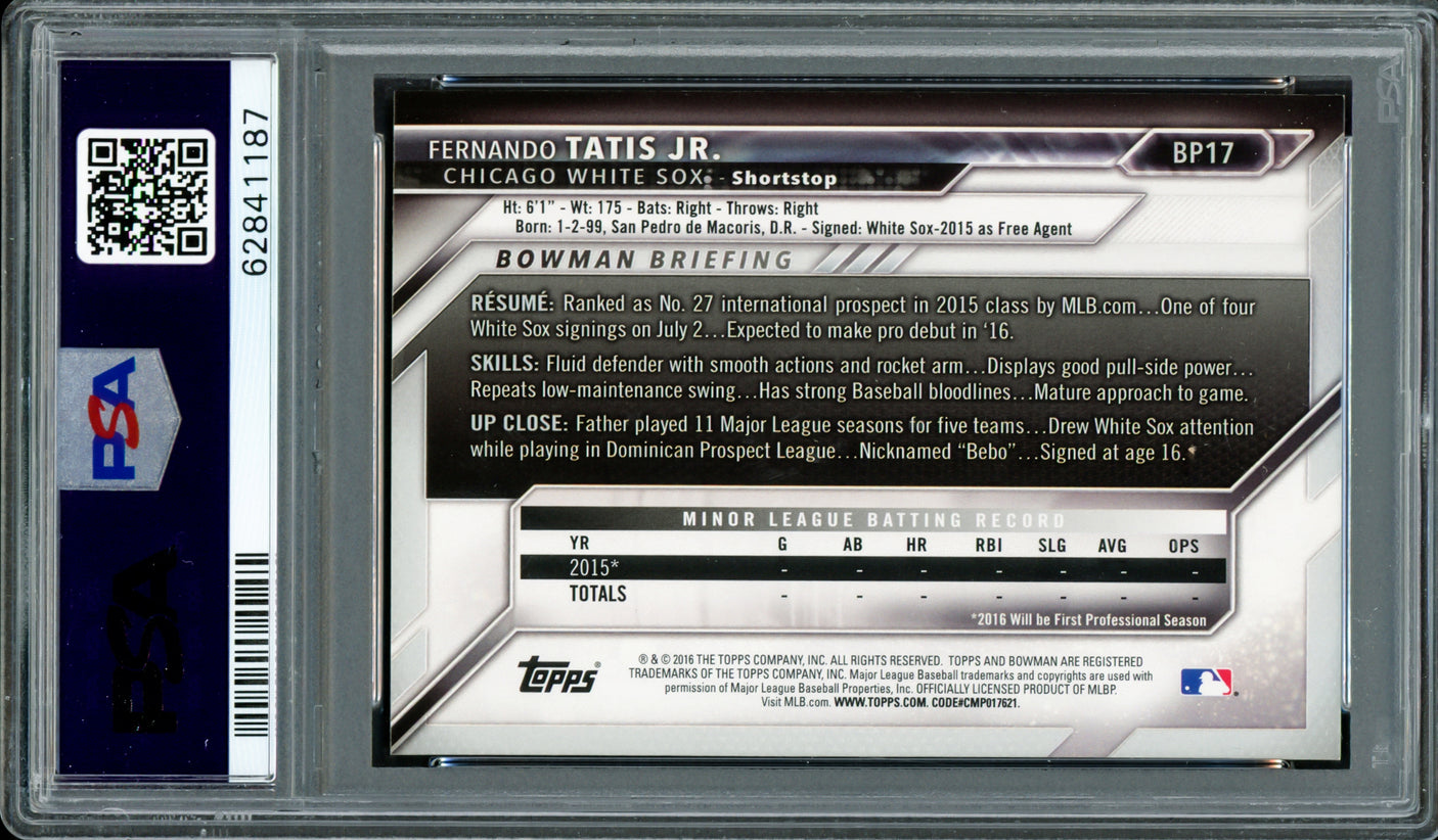Fernando Tatis Jr. Autographed 2016 Bowman Prospects Yellow Rookie Card #BP17 San Diego Padres PSA 8 Auto Grade 7 PSA/DNA #62841187