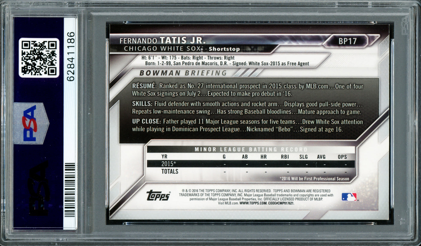 Fernando Tatis Jr. Autographed 2016 Bowman Prospects Yellow Rookie Card #BP17 San Diego Padres PSA 5 Auto Grade Gem Mint 10 PSA/DNA #62841186