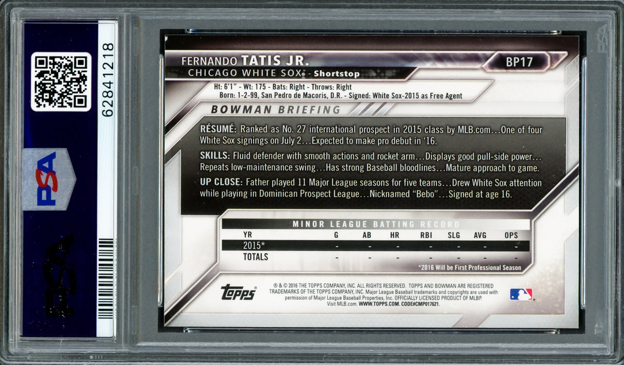 Fernando Tatis Jr. Autographed 2016 Bowman Prospects Rookie Card #BP17 San Diego Padres PSA 8 Auto Grade Mint 9 PSA/DNA #62841218